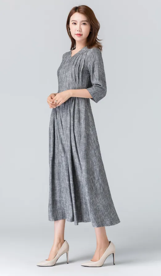 gray linen dress, linen summer dress, midi length dress, pleated dress 1909#