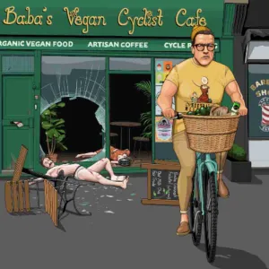 Greeting Card - Jim'll Paint It - Vegan Terminator with Arnold Schwarzenegger and a hipster vegan barista 113