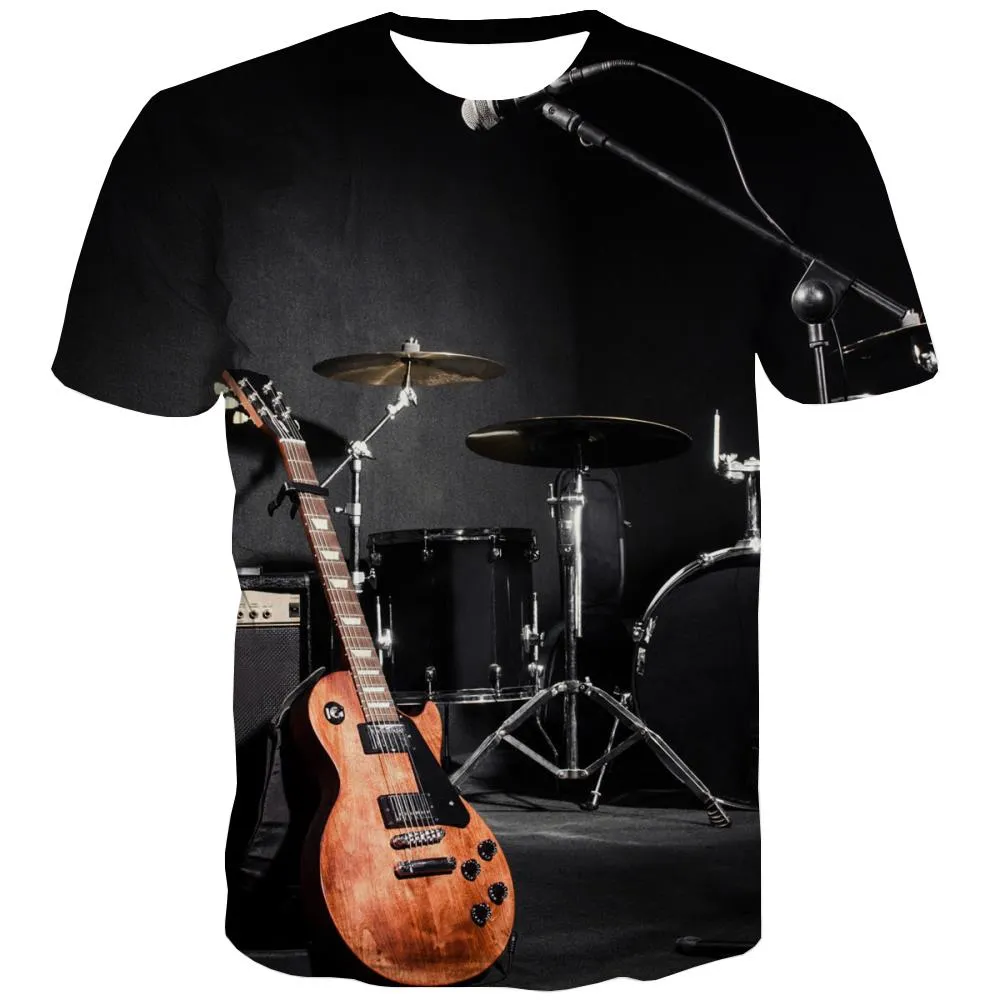 Guitar T-shirt Men Music Shirt Print Wooden Tshirts Casual Metal Tshirt Anime