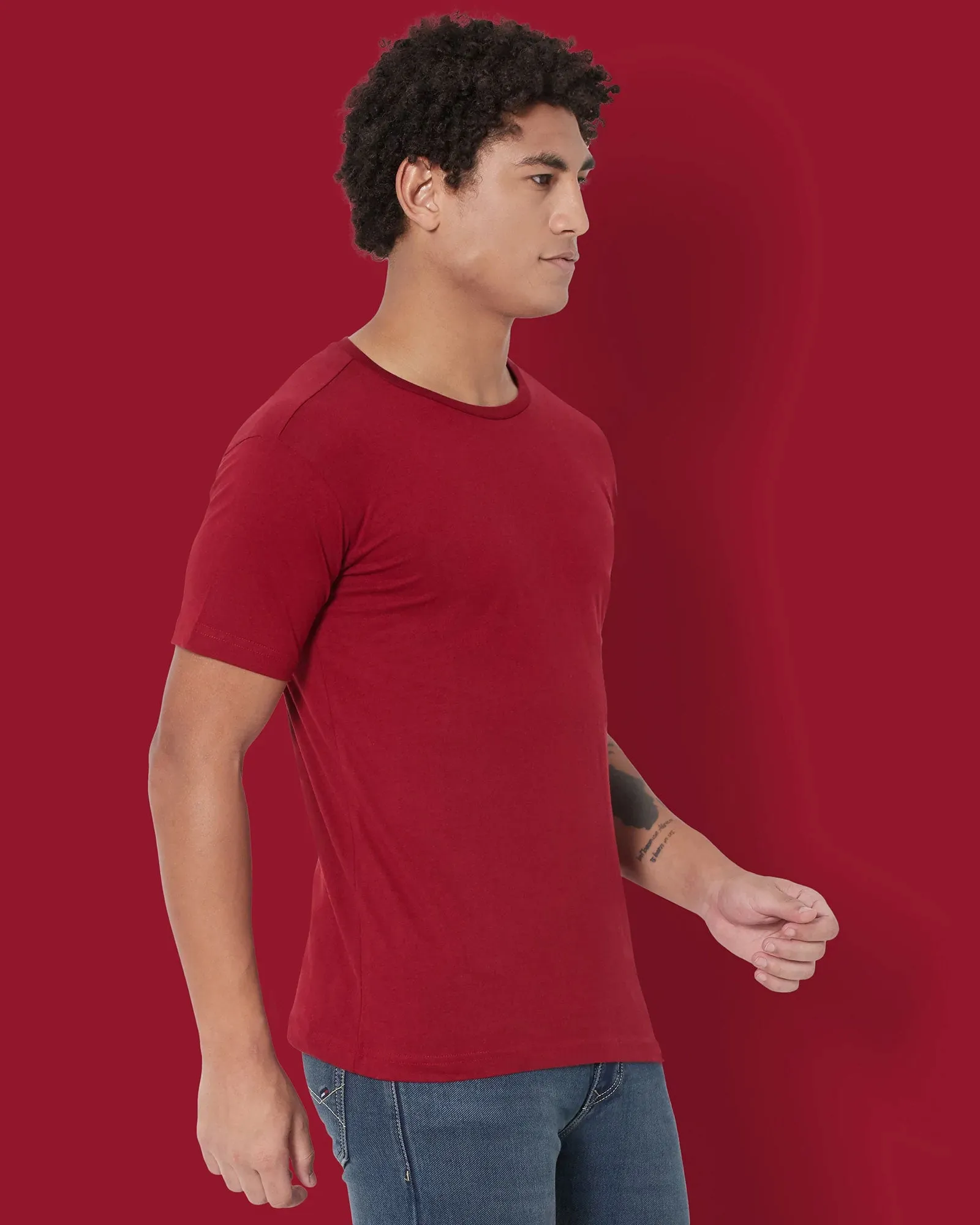 Half Sleeves Crew Neck: Maroon