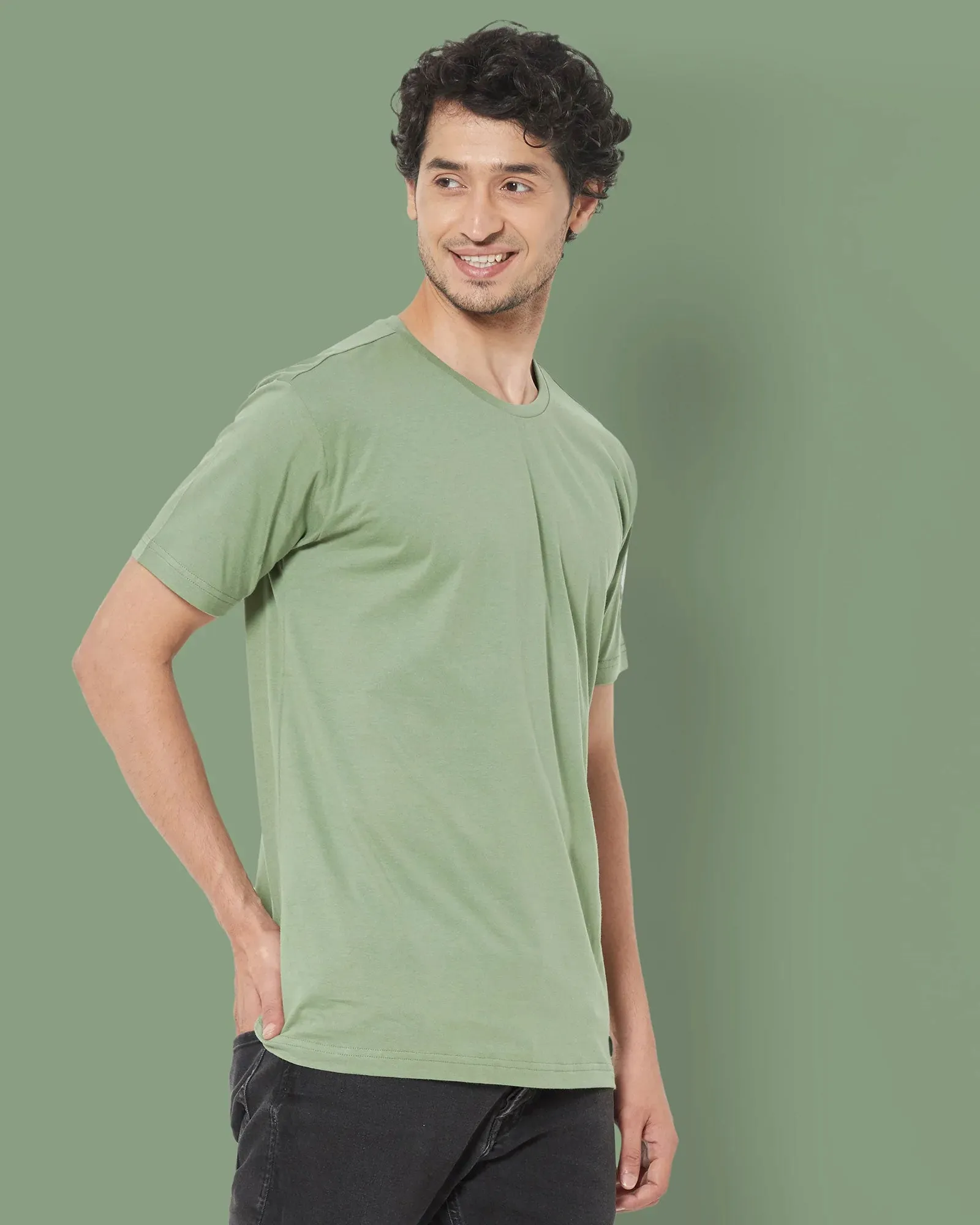 Half Sleeves Crew Neck: Sage Green