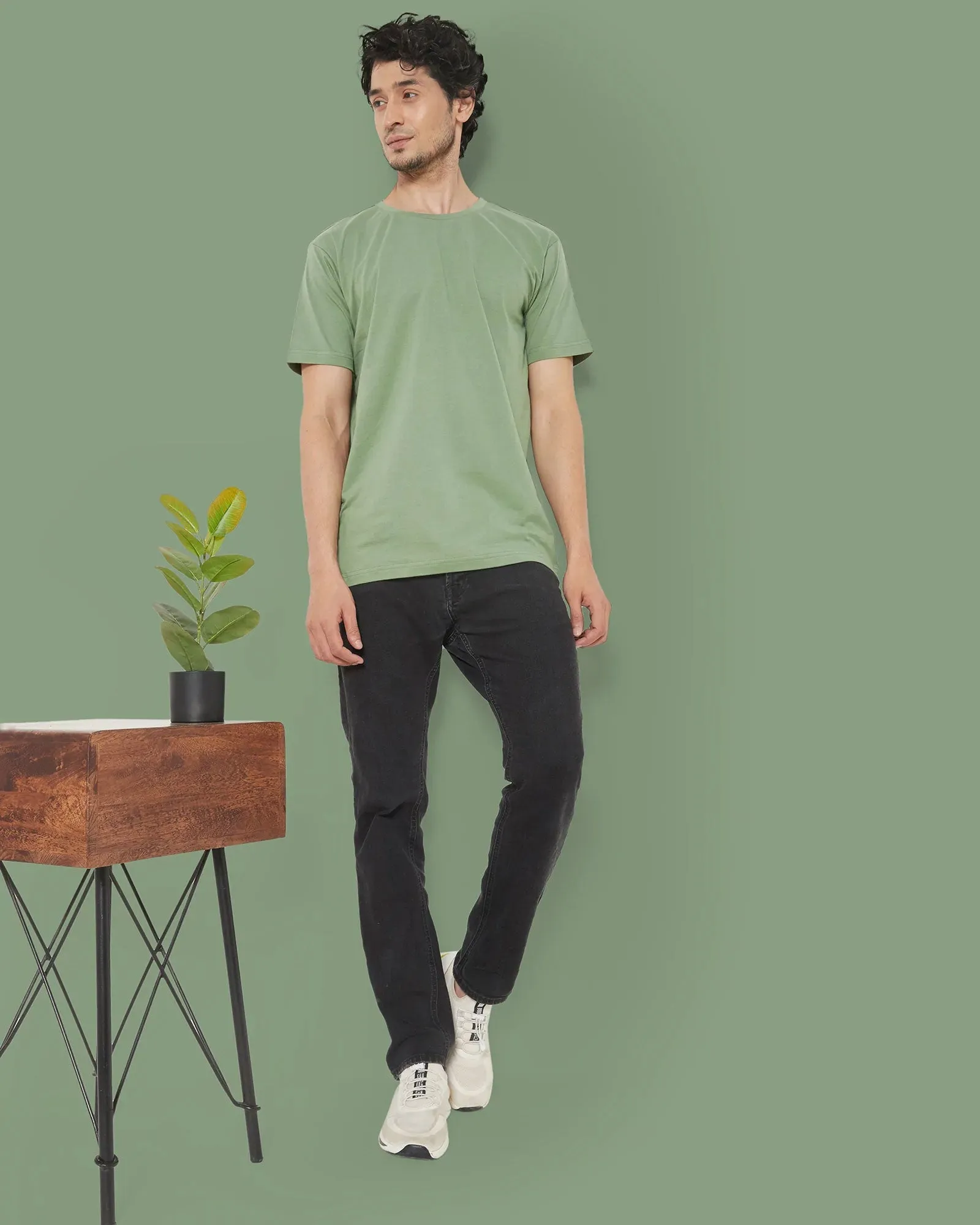 Half Sleeves Crew Neck: Sage Green