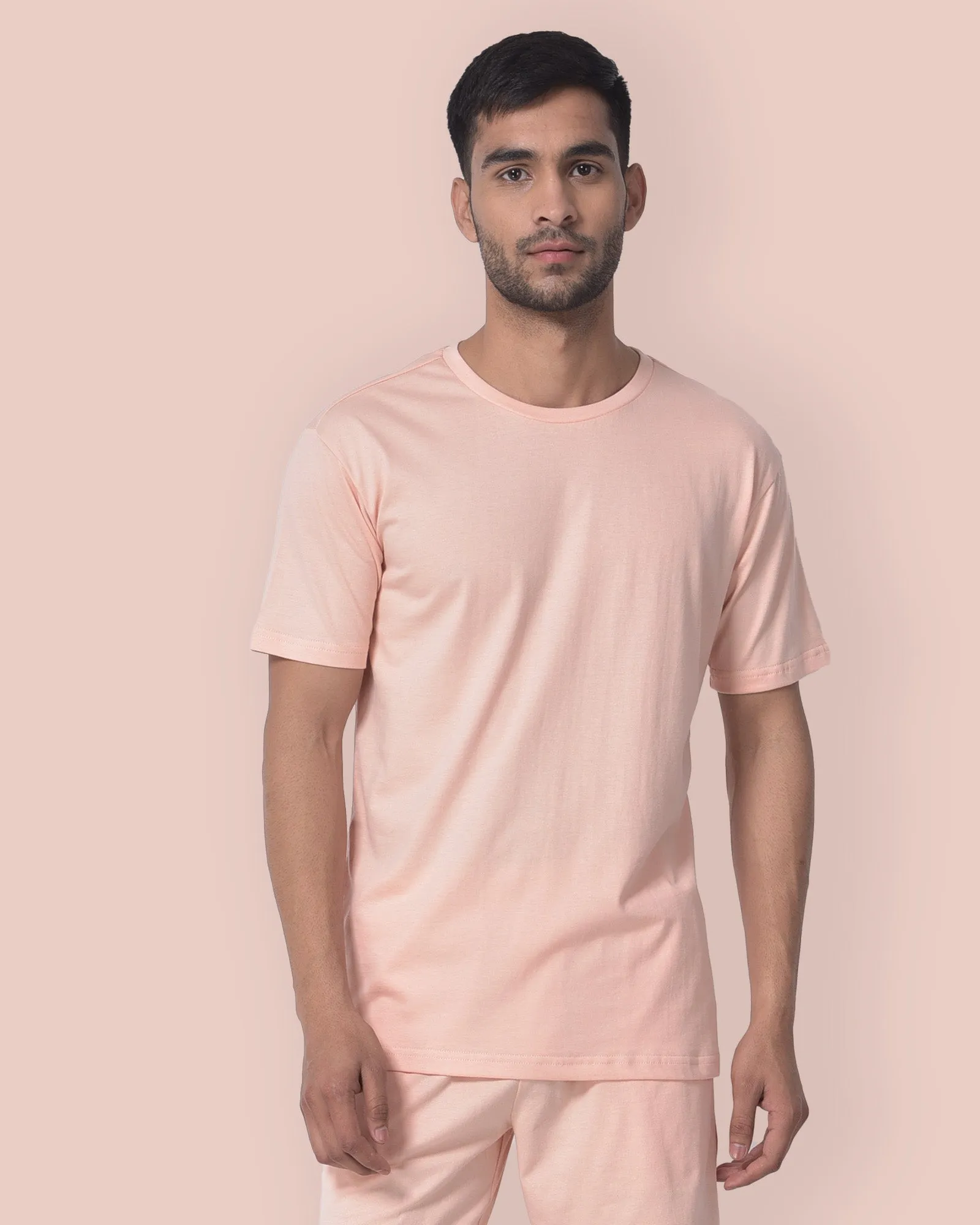 Half Sleeves Crew Neck: Solid Peach