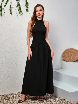 Halter Backless Flared Hem Long Dress