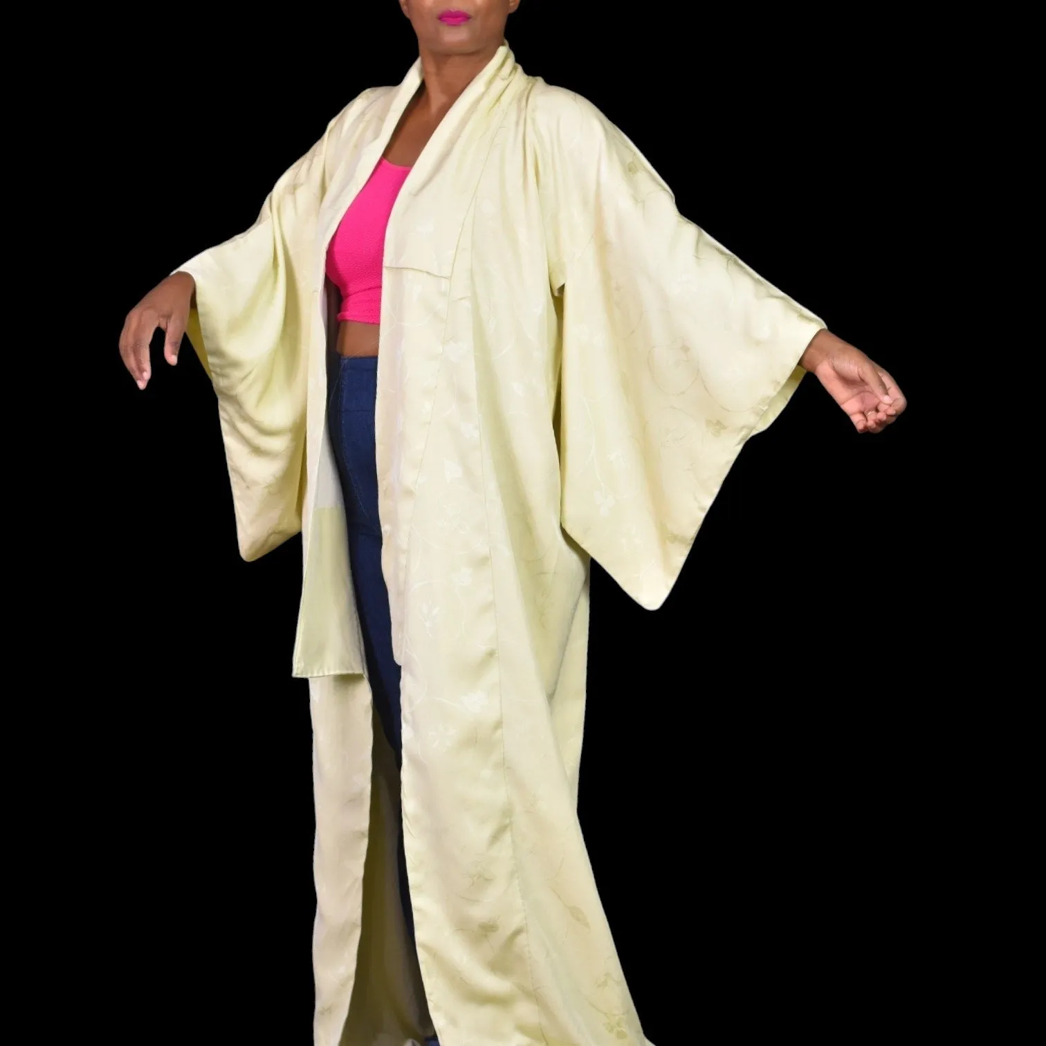 Handmade Japanese Kimono Robe Yellow Iromuji Light Pastel Jacquard Silky One Size