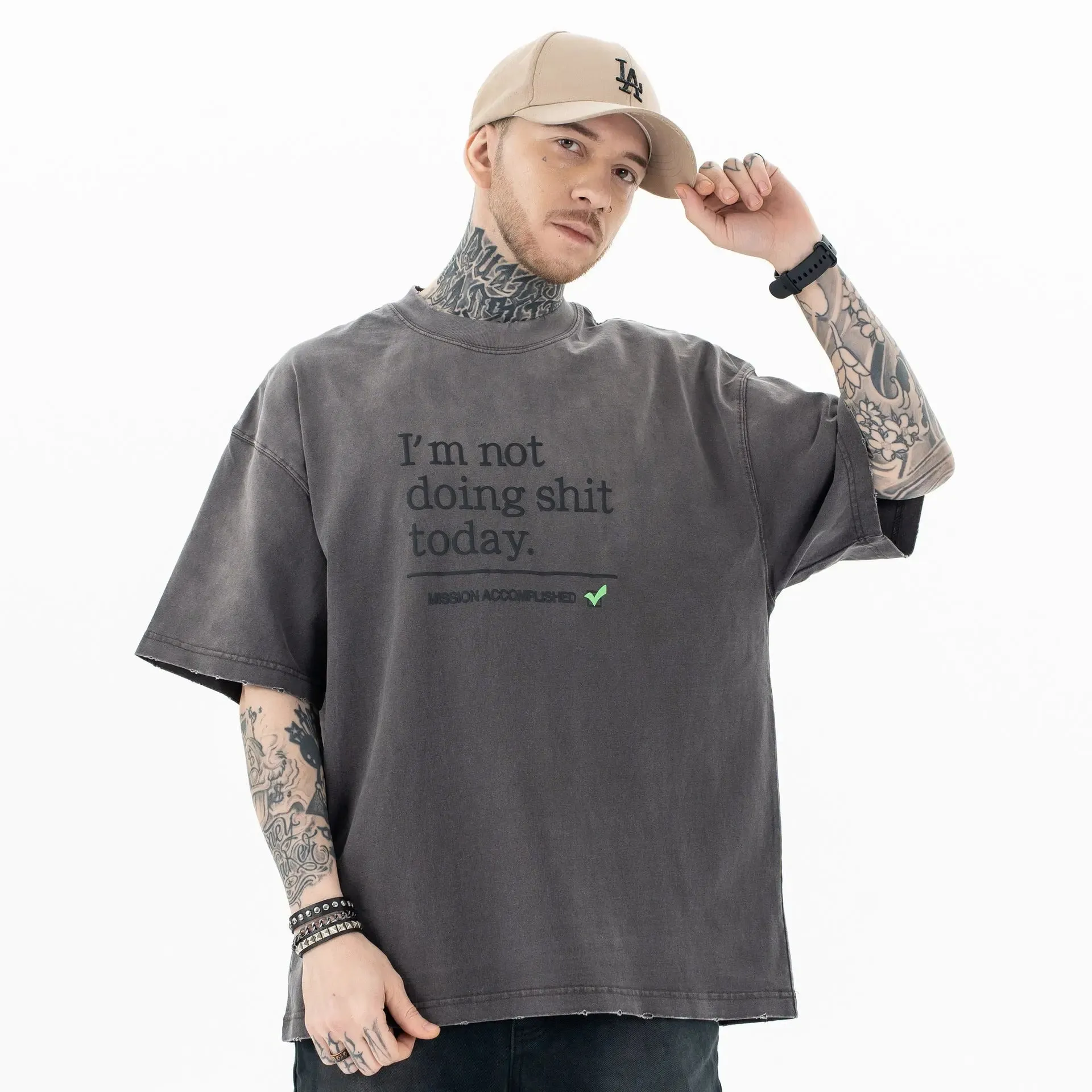 Heavy Washed Letter Print T-shirt