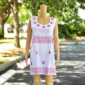 Indian Classic Cotton Hand Embroidered Sleveless loose fit Boho White Tunic Dress Mini Short Dress #19