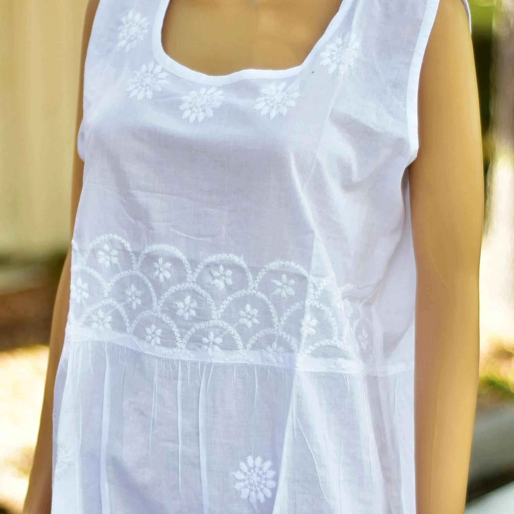 Indian Classic Cotton Hand Embroidered Sleveless loose fit Boho White Tunic Dress Mini Short Dress #19