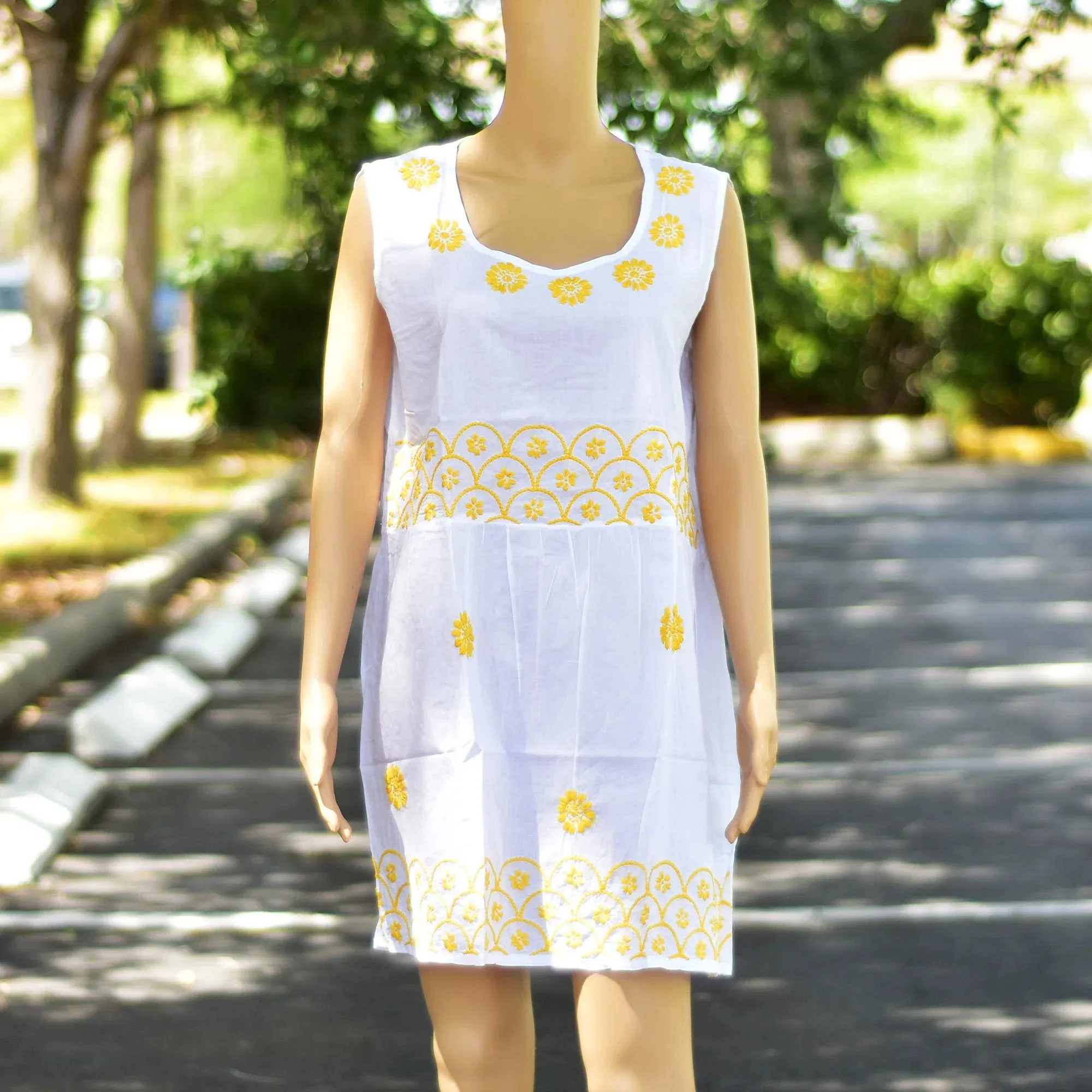 Indian Classic Cotton Hand Embroidered Sleveless loose fit Boho White Tunic Dress Mini Short Dress #19