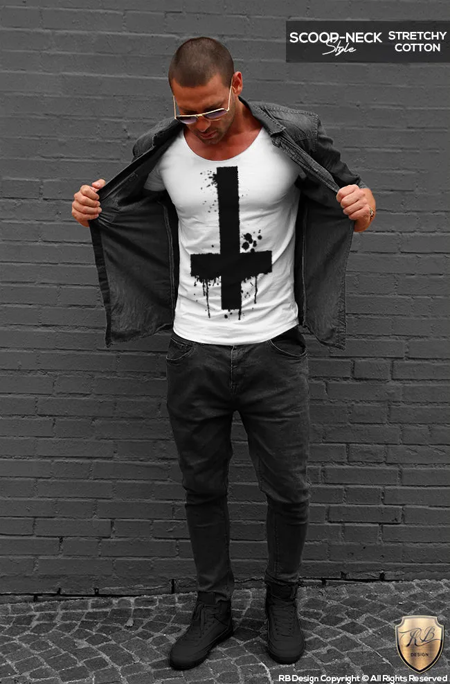 Inverted Cross T-shirt Mens Trendy Ink Splashes FX Print Top MD122