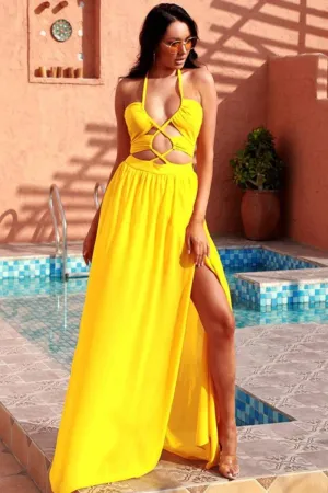 Jennifer Yellow Cut Out Cross Strap Bohemian Beach Maxi Dress