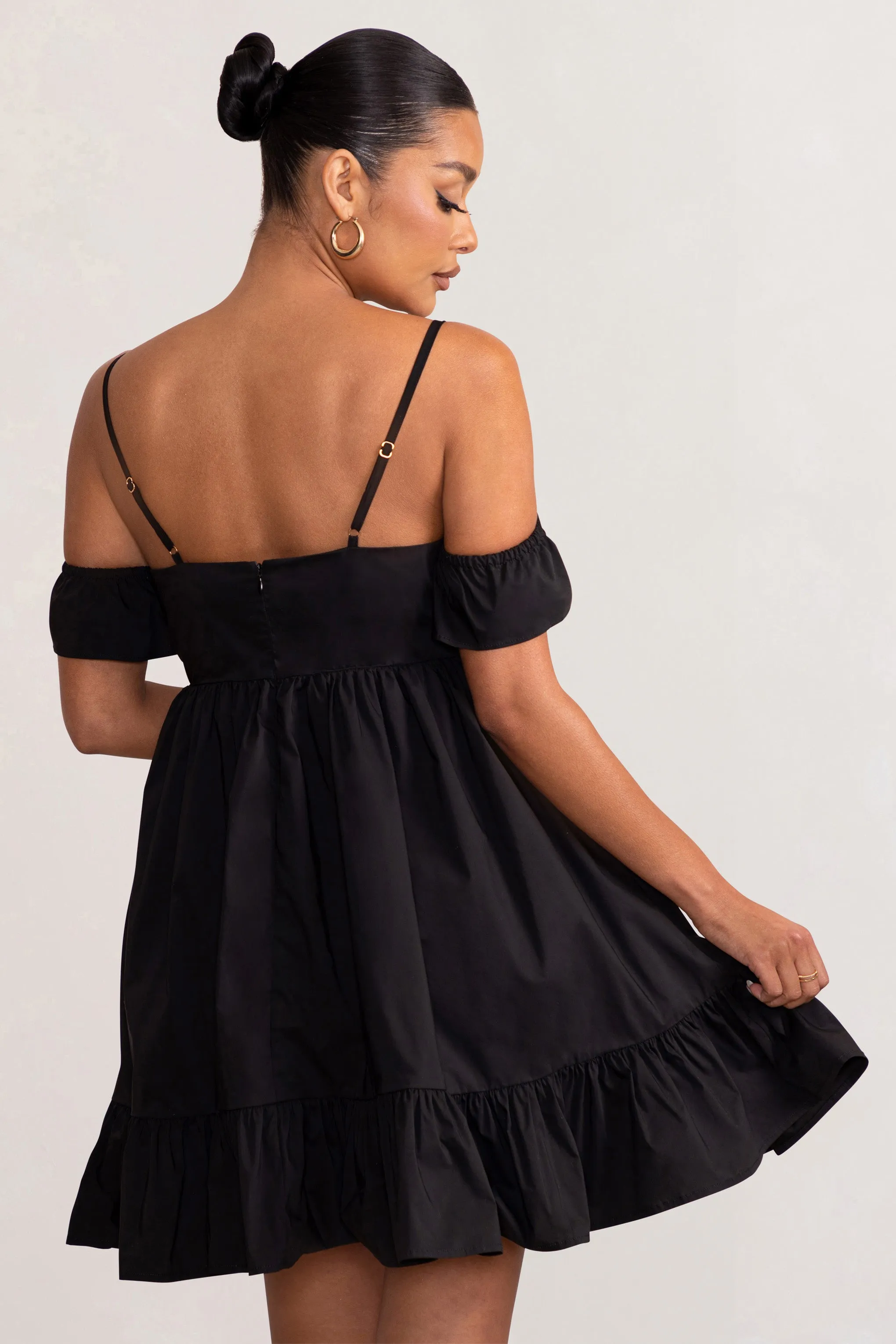 Kai | Black Cami Babydoll Maternity Mini Dress With Ruffle Cold Shoulder Sleeves