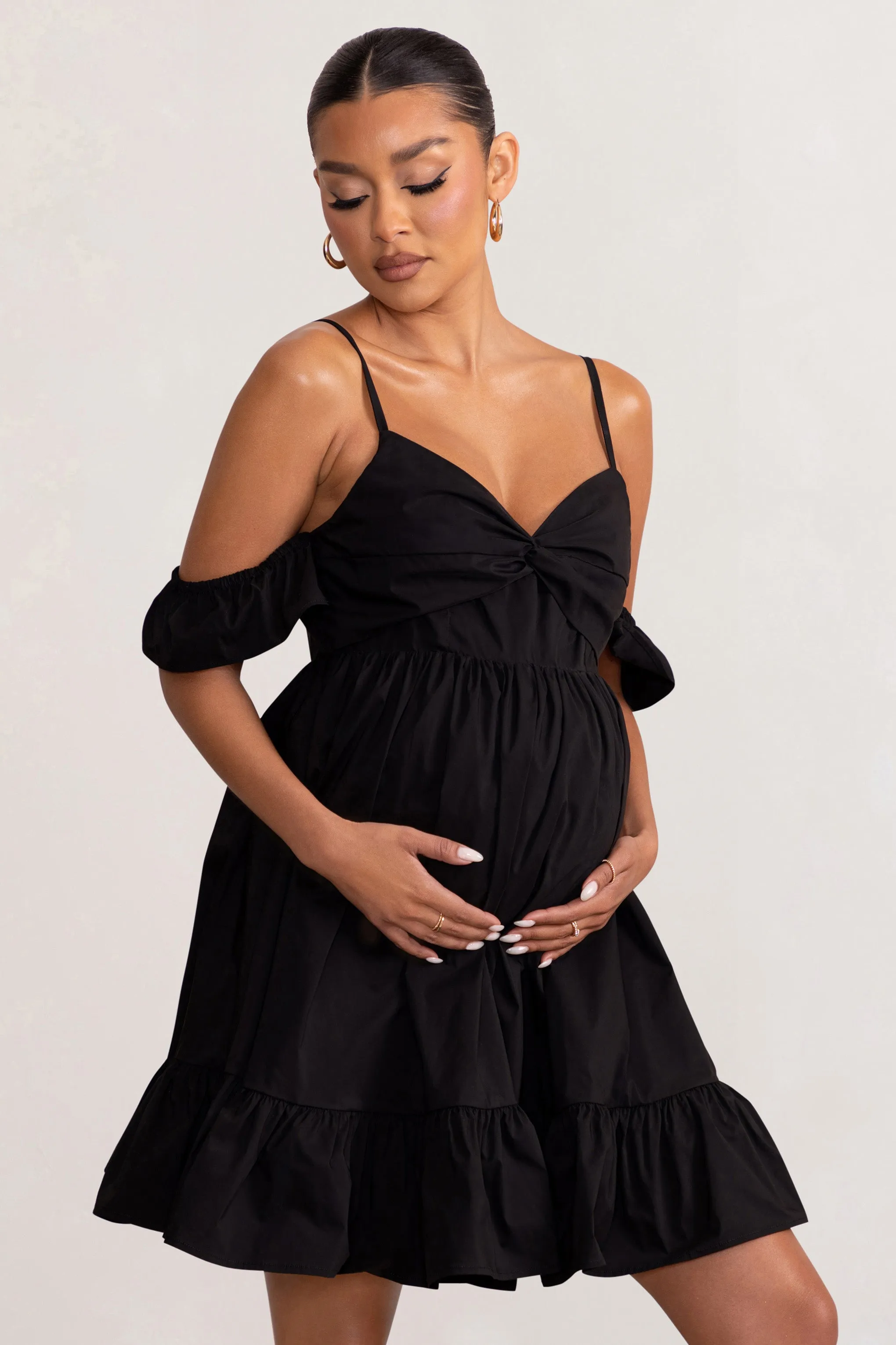 Kai | Black Cami Babydoll Maternity Mini Dress With Ruffle Cold Shoulder Sleeves