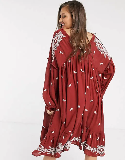 Lavender Fields Midi Dress Red Or Off White Embroidered Boho Flared Loose Long Peasant Sleeves Romantic Lace V Neck Available In Small Medium Large Or Extra Large XL