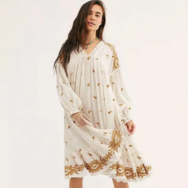 Lavender Fields Midi Dress Red Or Off White Embroidered Boho Flared Loose Long Peasant Sleeves Romantic Lace V Neck Available In Small Medium Large Or Extra Large XL