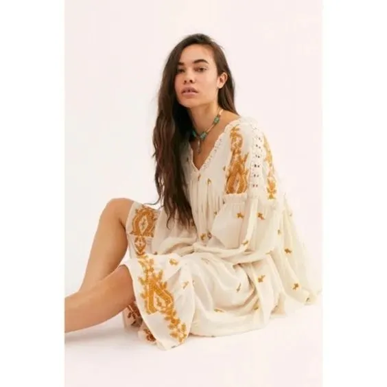 Lavender Fields Midi Dress Red Or Off White Embroidered Boho Flared Loose Long Peasant Sleeves Romantic Lace V Neck Available In Small Medium Large Or Extra Large XL