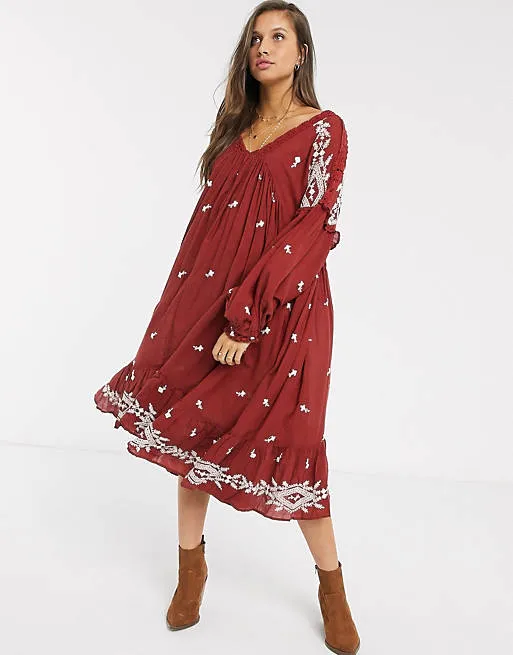 Lavender Fields Midi Dress Red Or Off White Embroidered Boho Flared Loose Long Peasant Sleeves Romantic Lace V Neck Available In Small Medium Large Or Extra Large XL