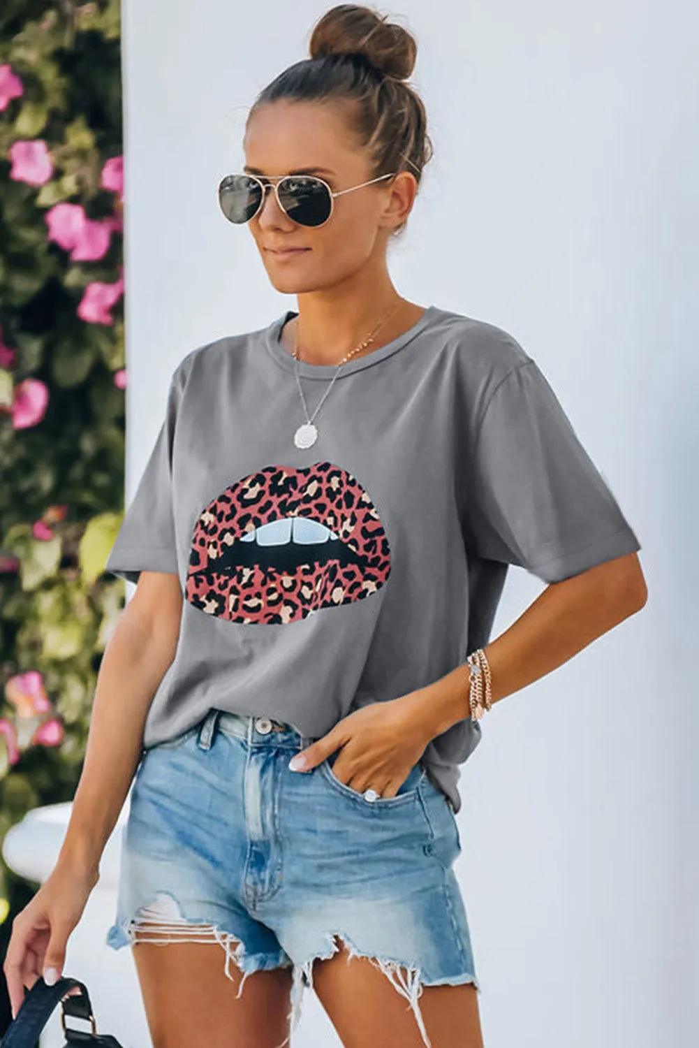 Leopard Lip Print Colorblock Gray Round Neck T-shirt