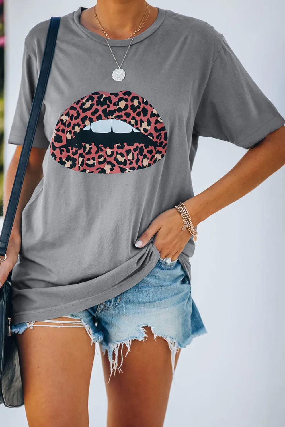 Leopard Lip Print Colorblock Gray Round Neck T-shirt