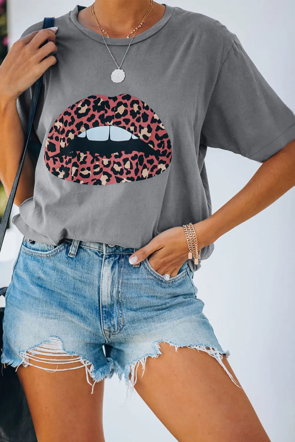 Leopard Lip Print Colorblock Gray Round Neck T-shirt