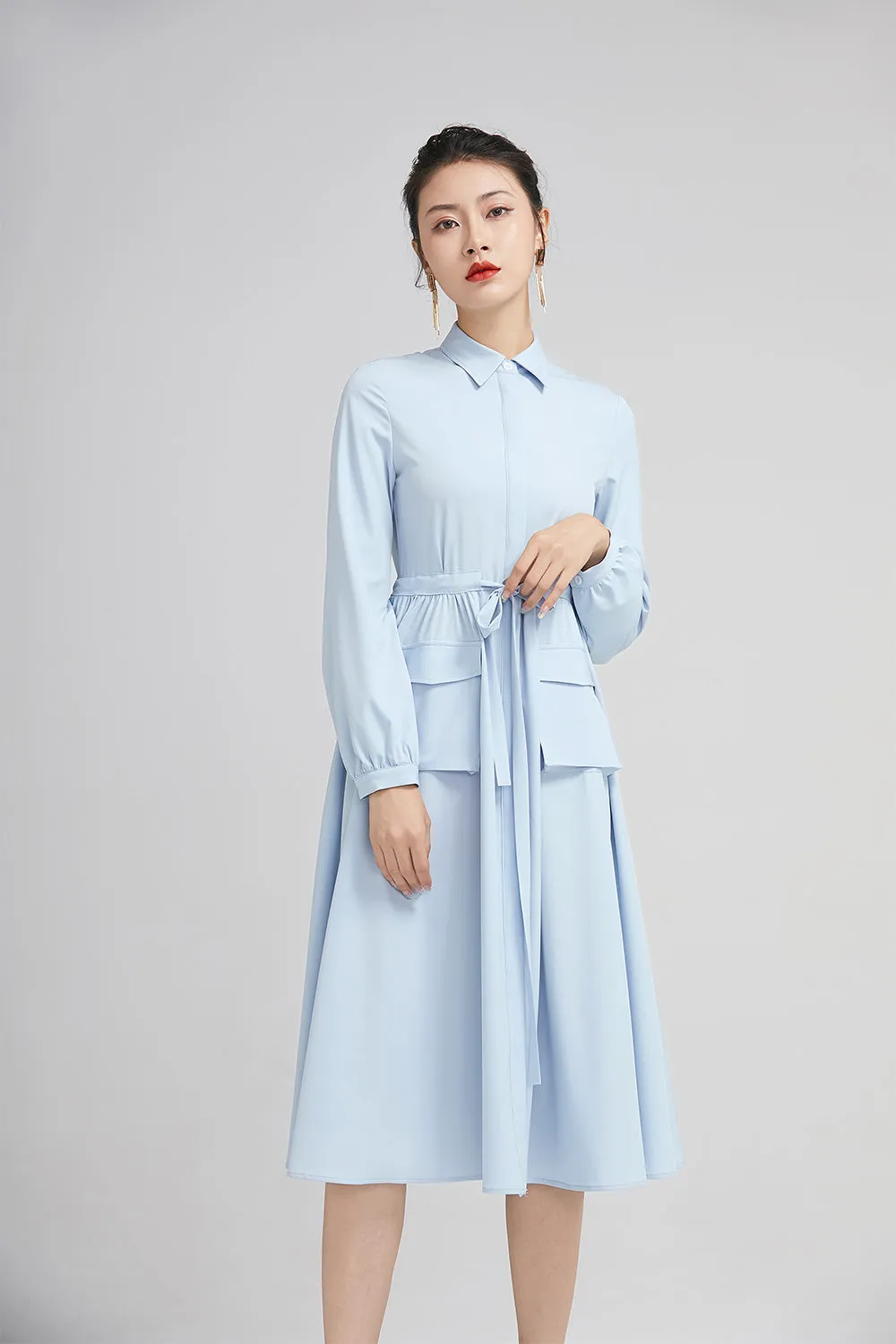 light blue spring dress for women with long sleeves and pockets 2229