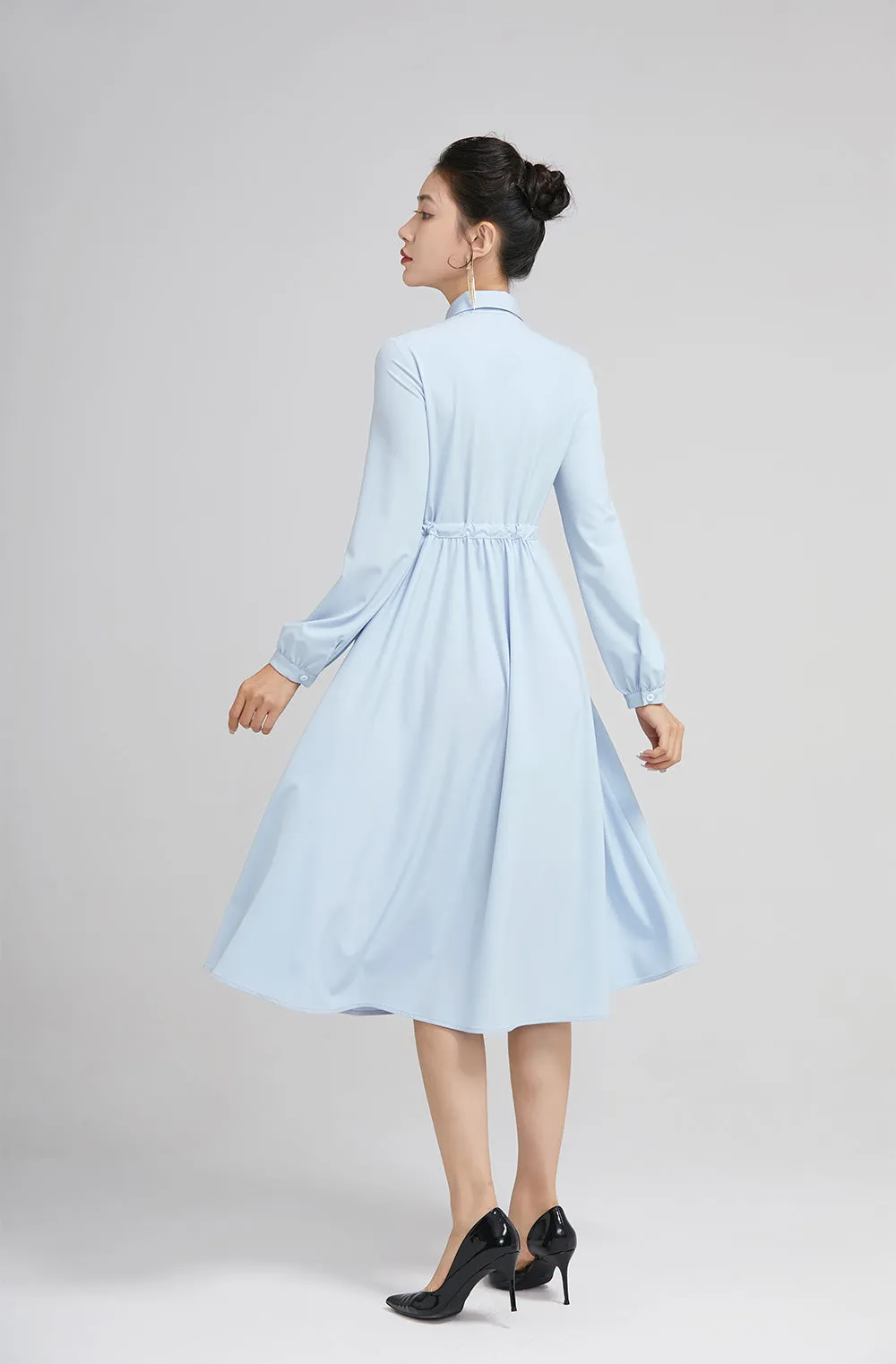 light blue spring dress for women with long sleeves and pockets 2229