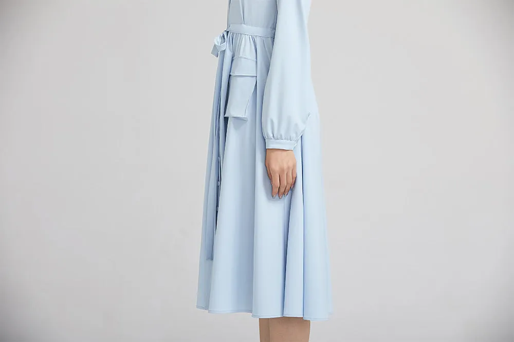 light blue spring dress for women with long sleeves and pockets 2229