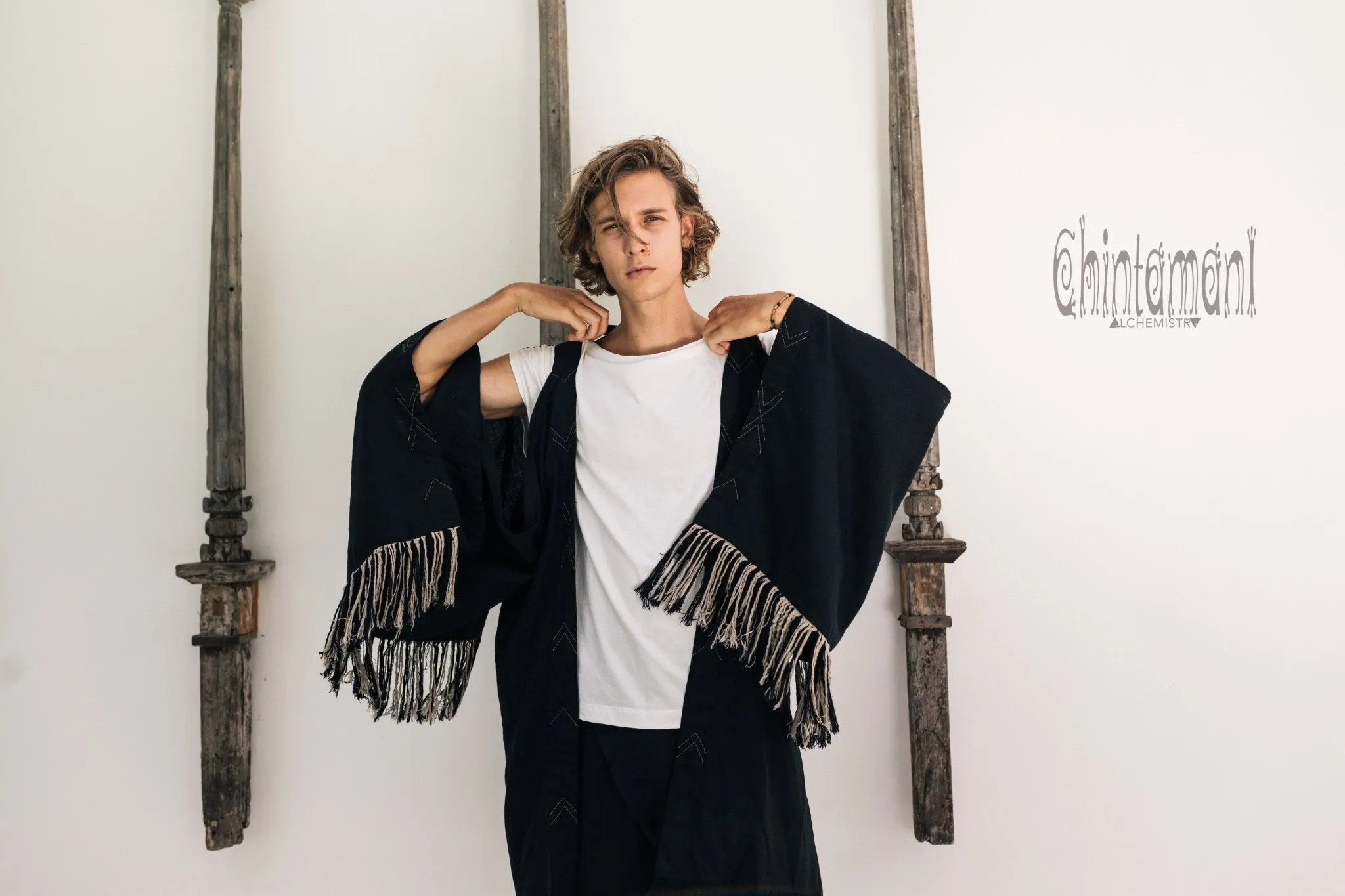 Linen Fringe Kimono Cardigan for Men / Black