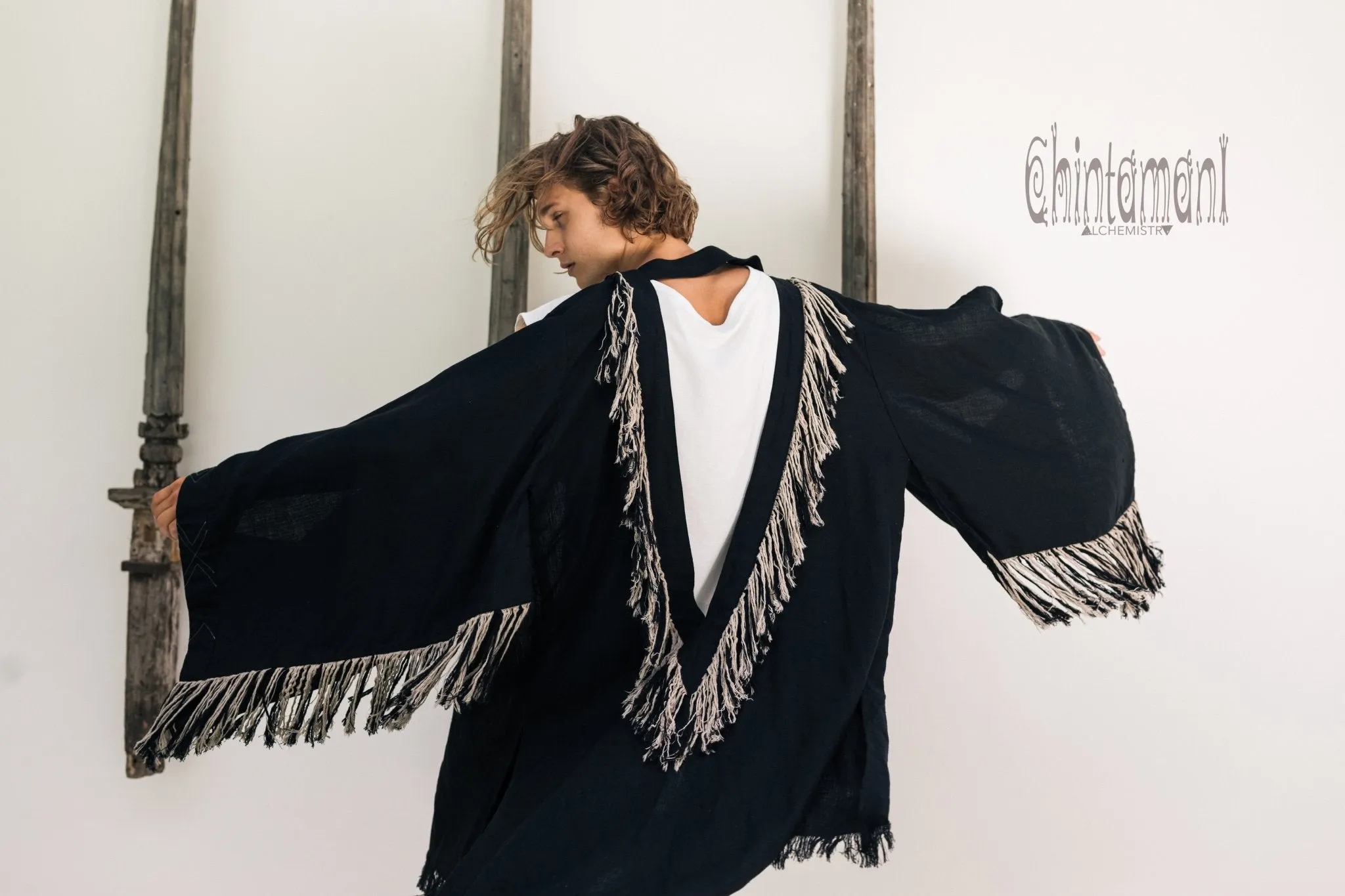 Linen Fringe Kimono Cardigan for Men / Black