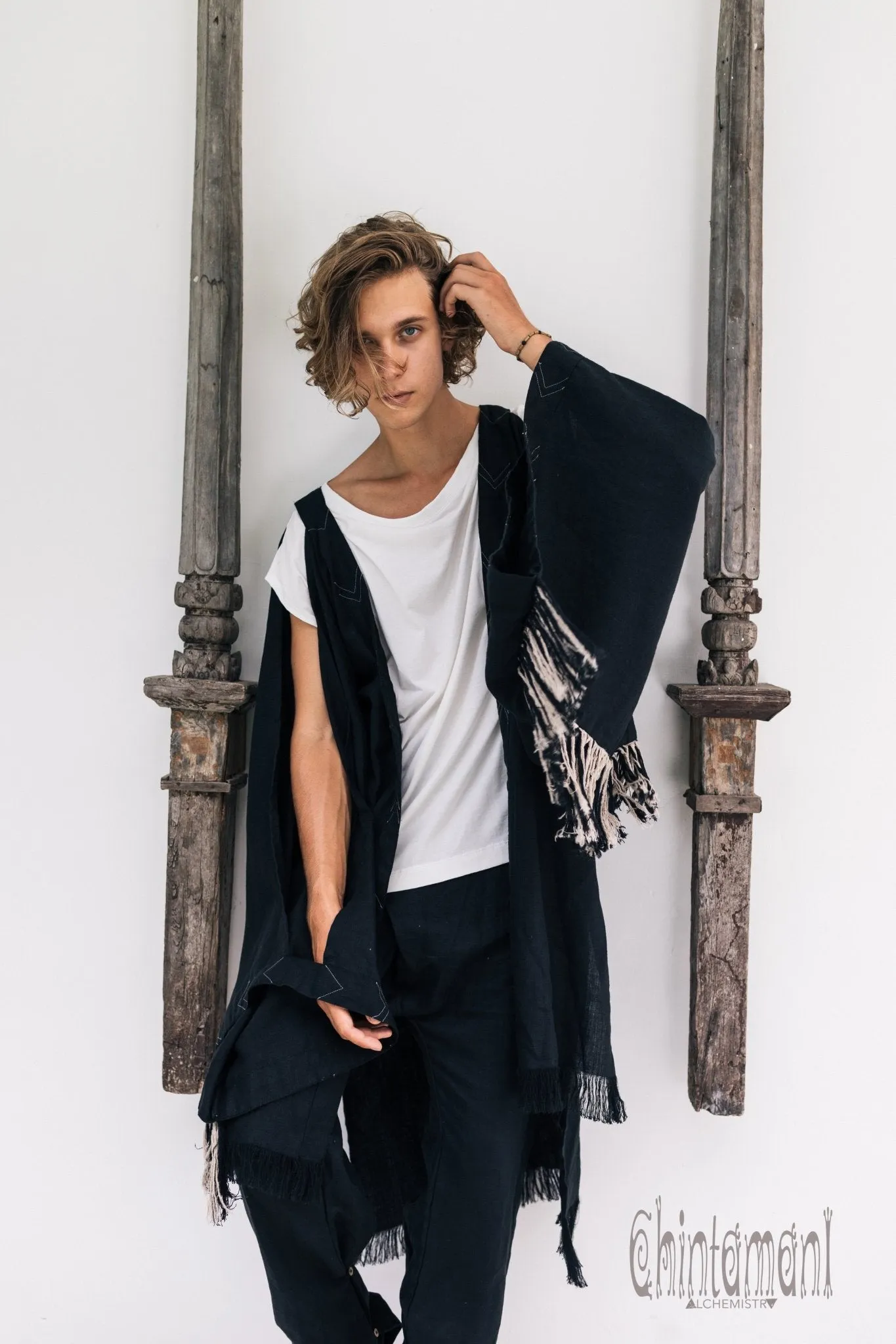 Linen Fringe Kimono Cardigan for Men / Black