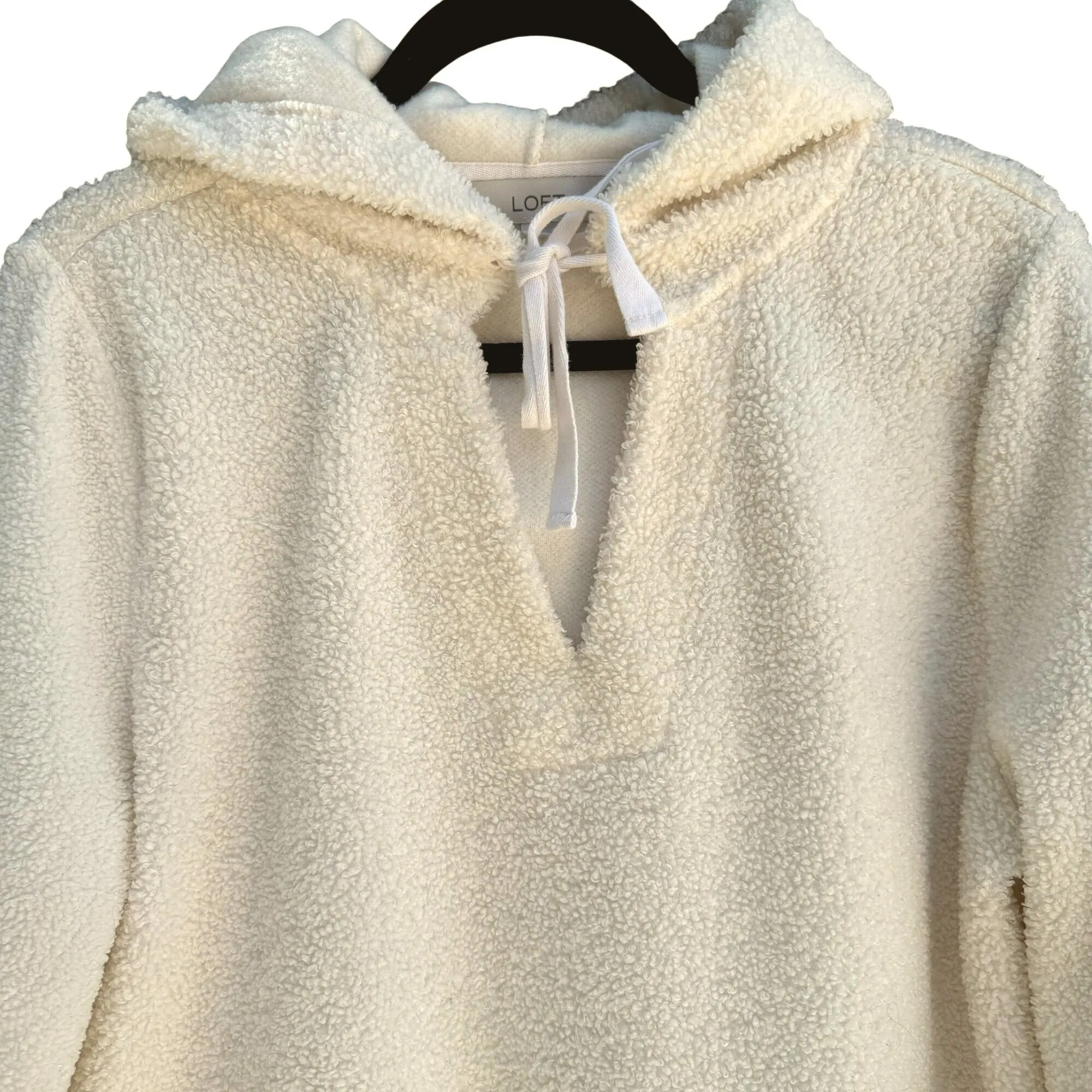 LOFT Women's Tie Neck Cream Sherpa Hooded Long Sleeve Pullover Fleece - Large