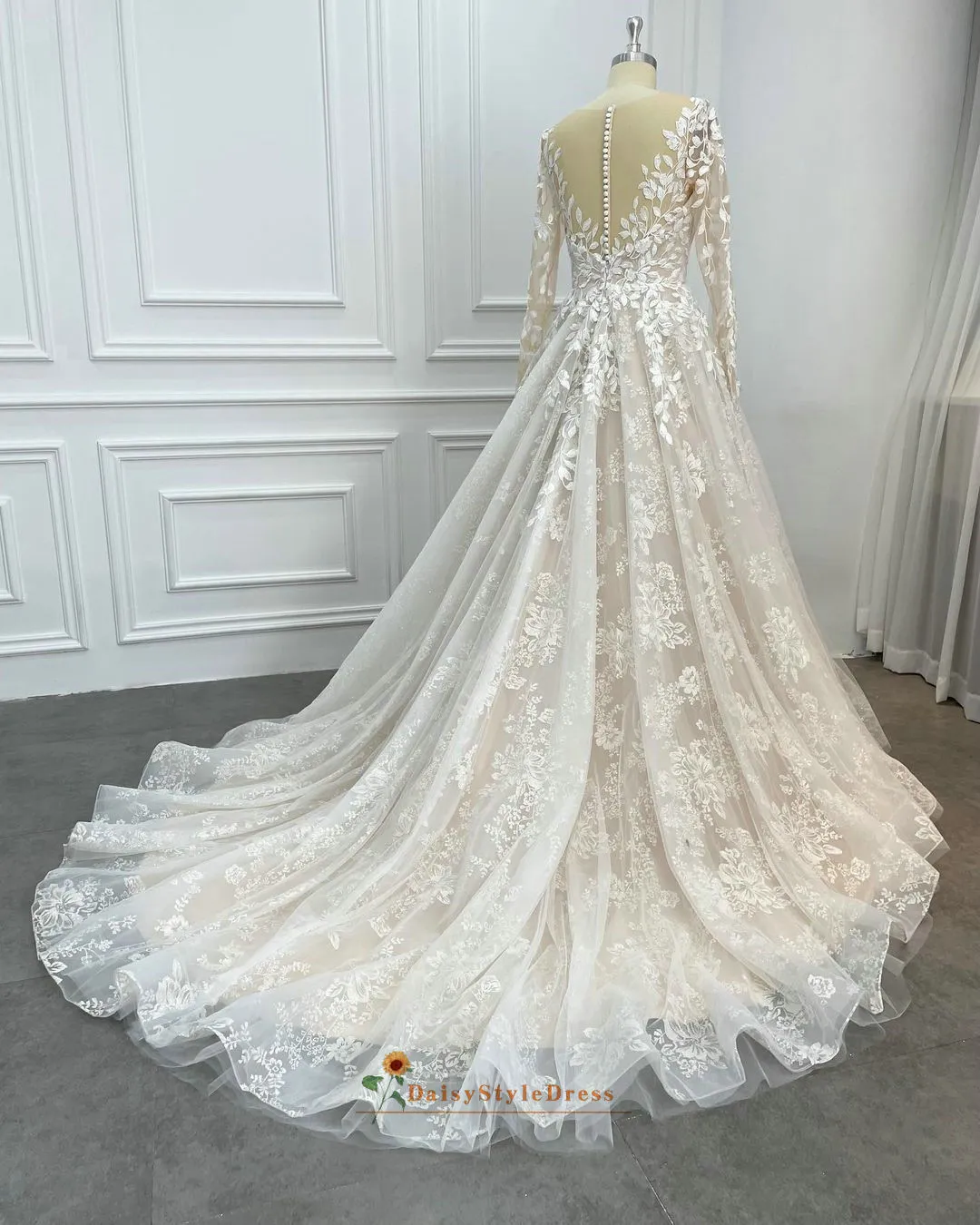 Long Sleeve Lace Nude Wedding Dress