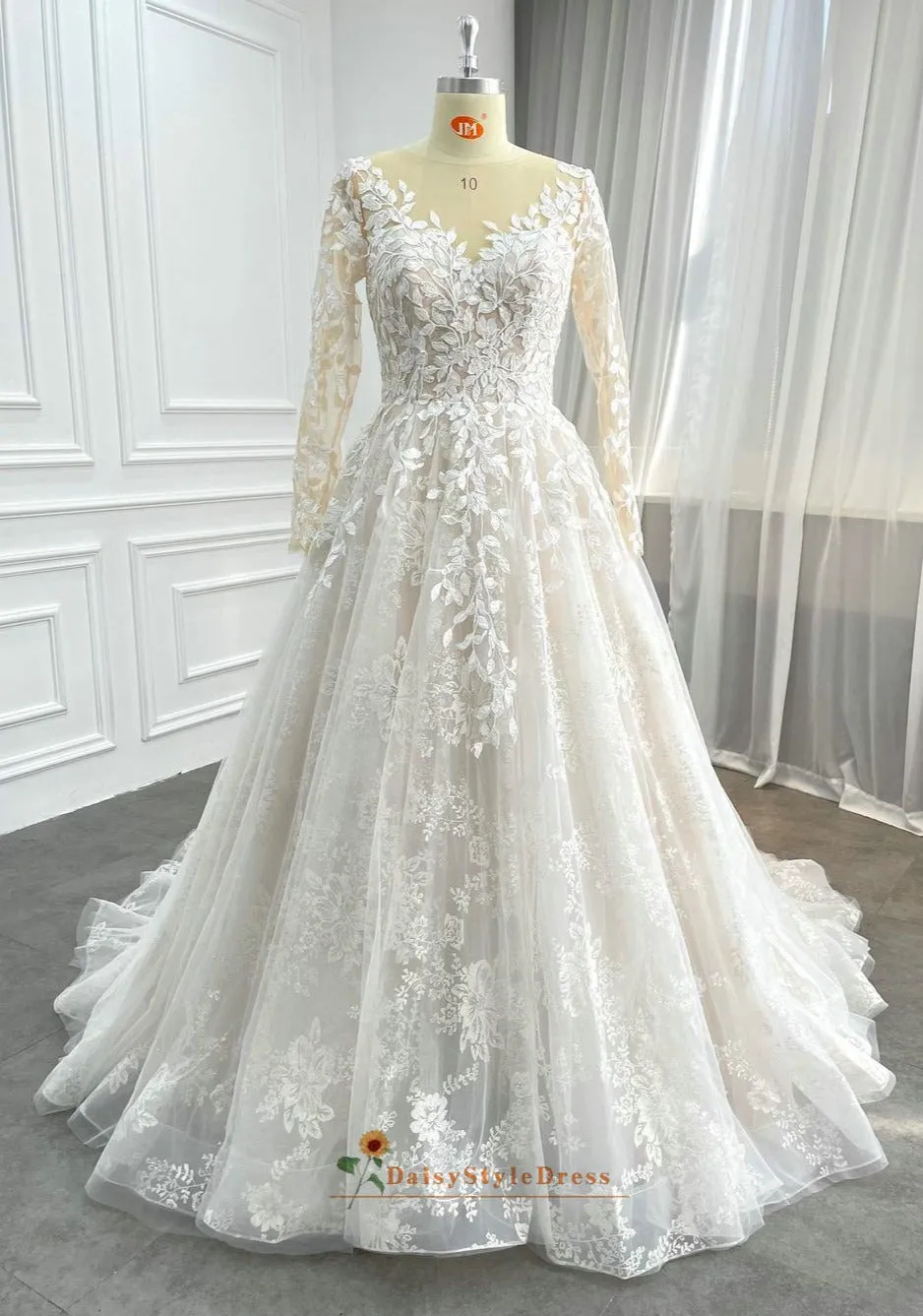 Long Sleeve Lace Nude Wedding Dress