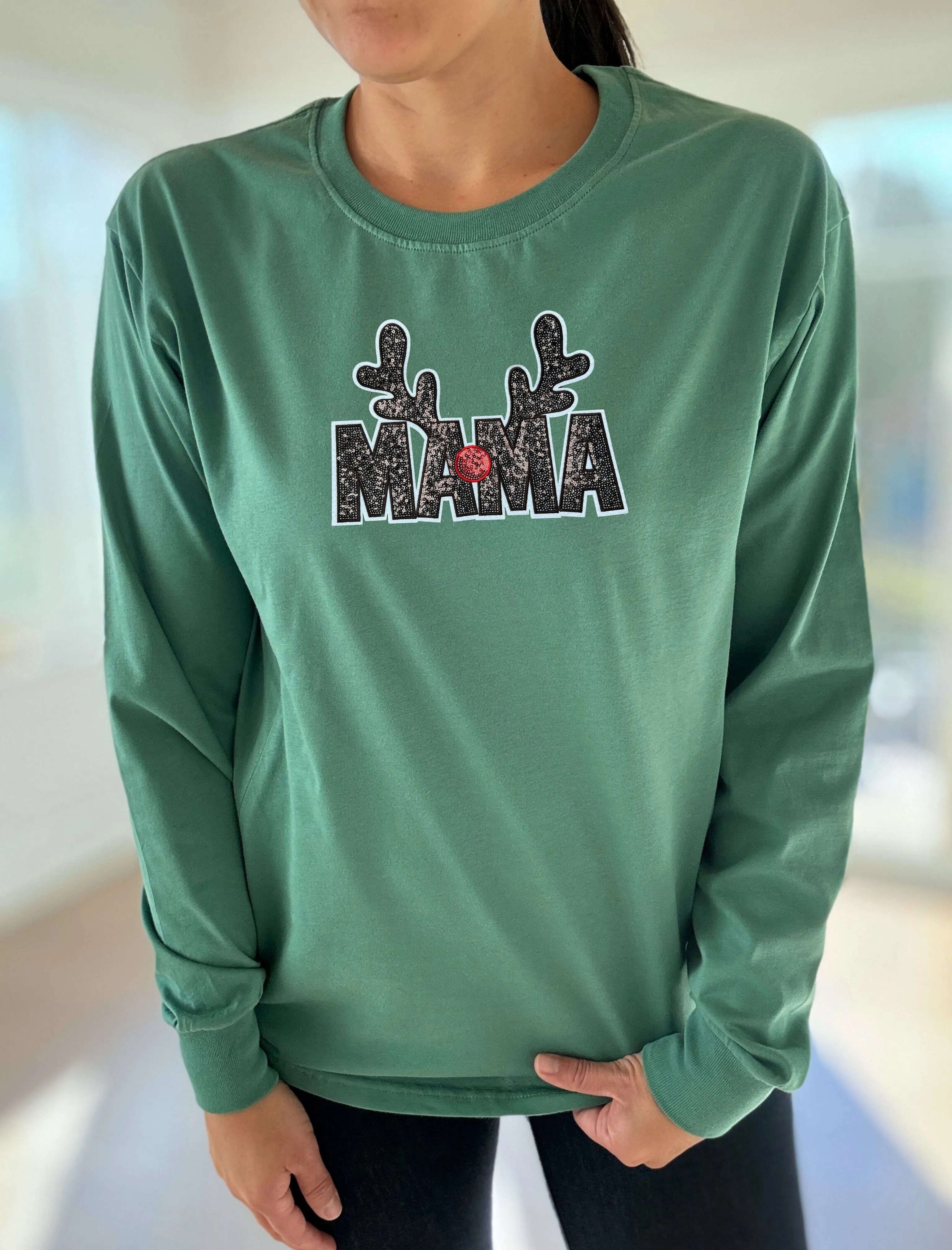 Mama Reindeer Sequins Patch Long Sleeve Comfort Tee