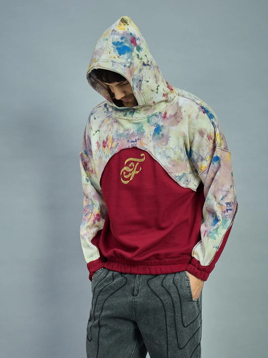 Maroon Tie Dye Cut & Sew Baggy Hoodie