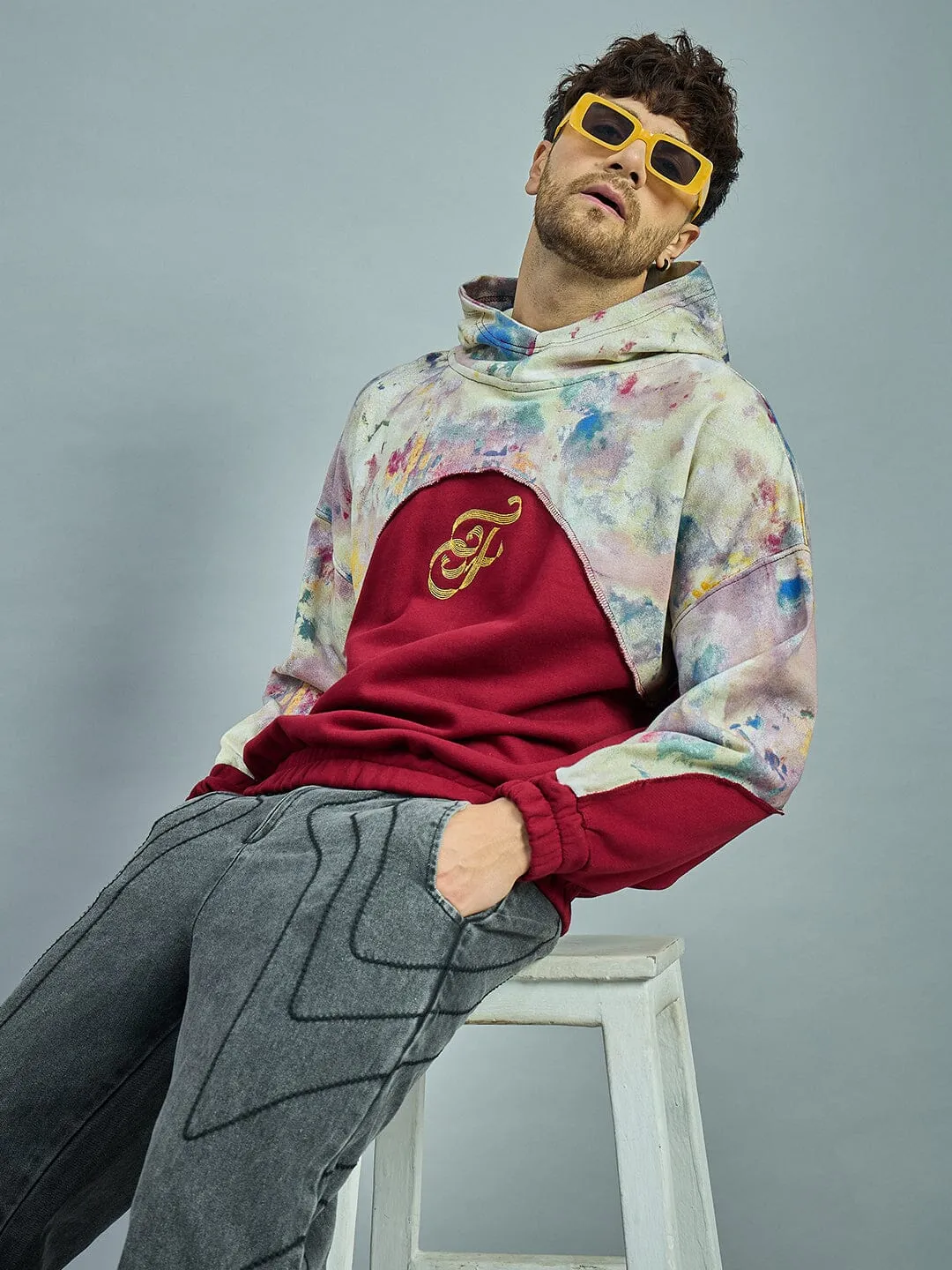 Maroon Tie Dye Cut & Sew Baggy Hoodie