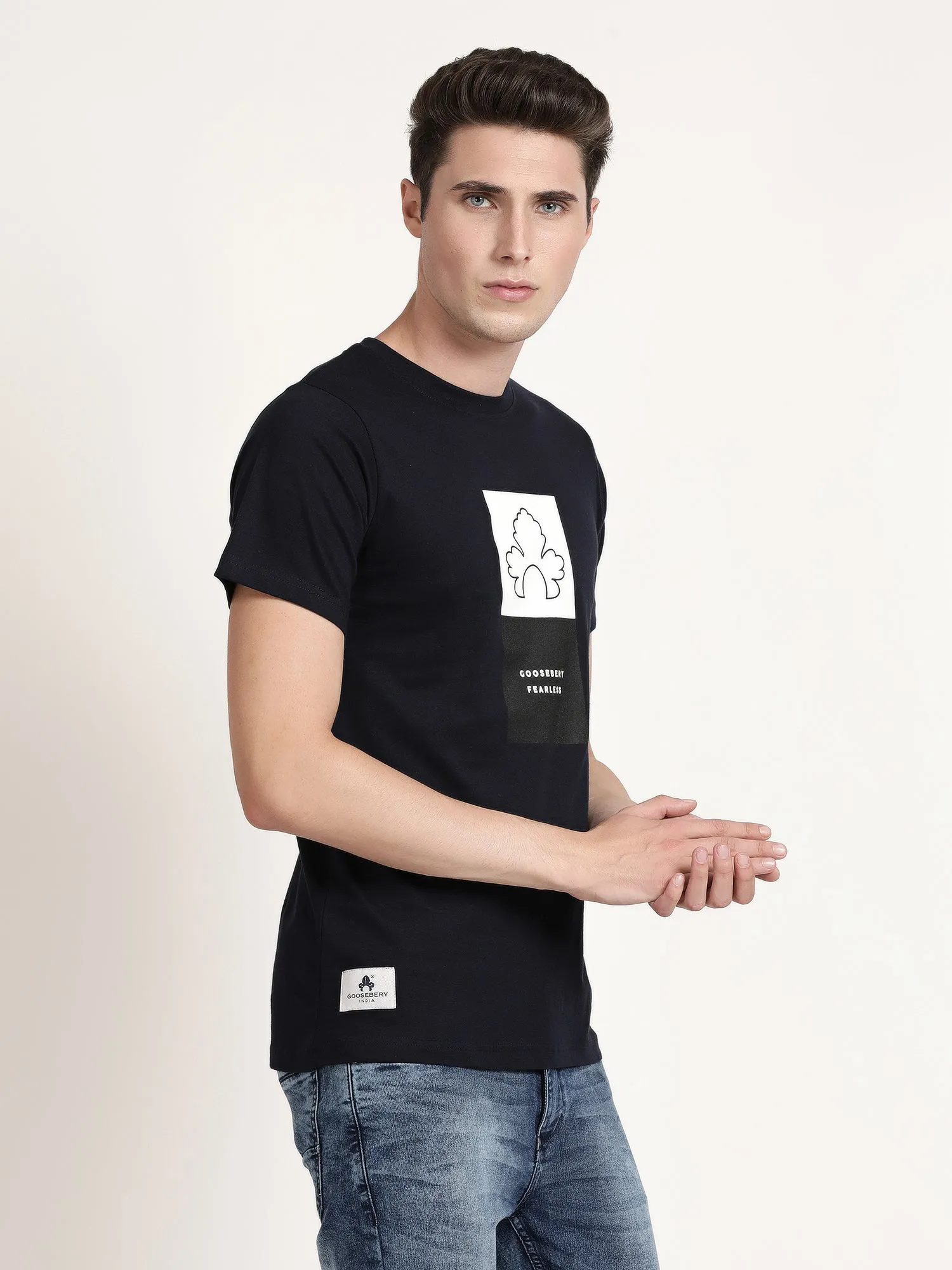 Men Black Round Collar T-shirt (SPINA1003)