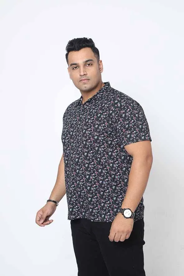 Men Plus Size Black Floral Printed Polo Collar T-shirt