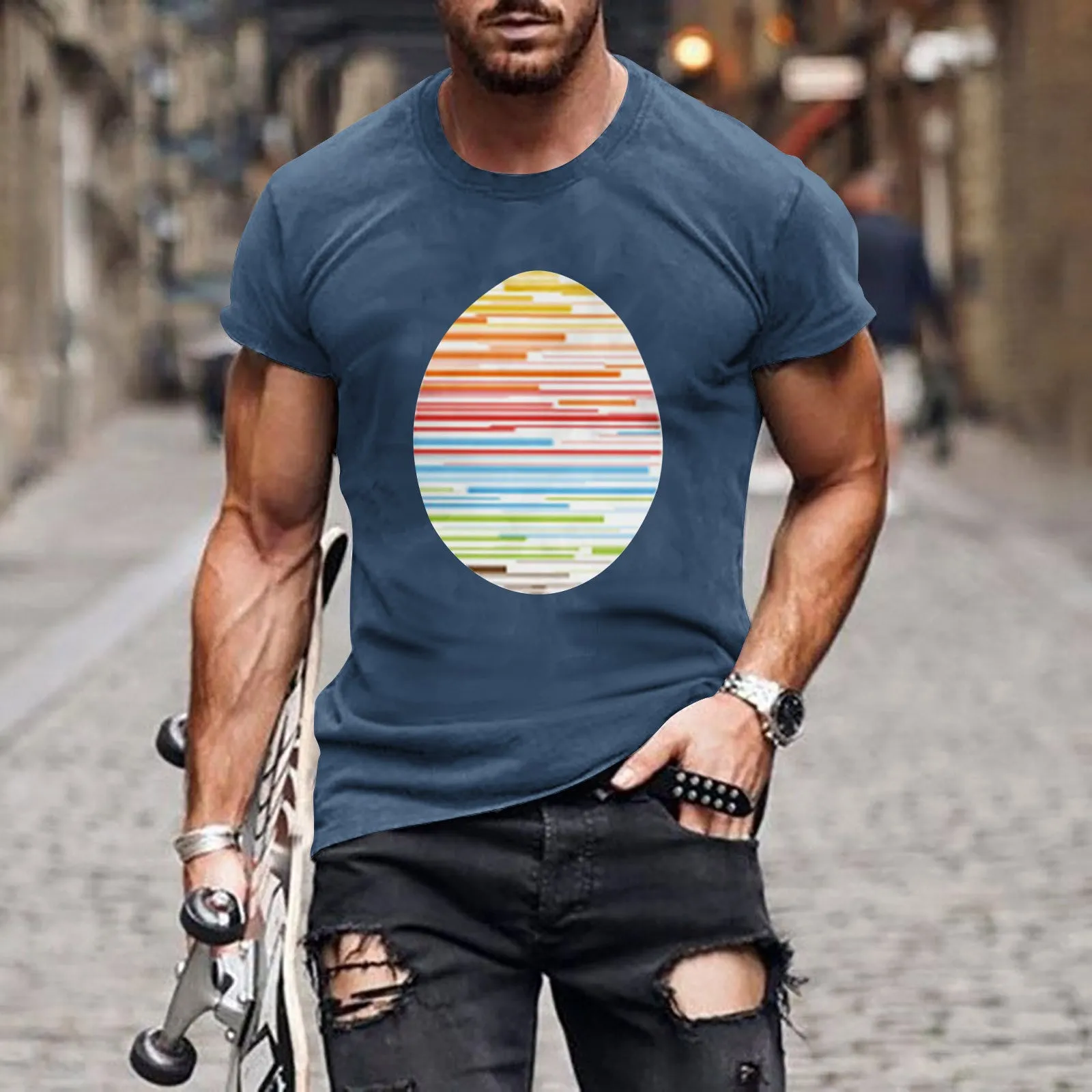 Men's Round Neck Short Sleeve 3D Printed Summer Easter Loose T-shirt