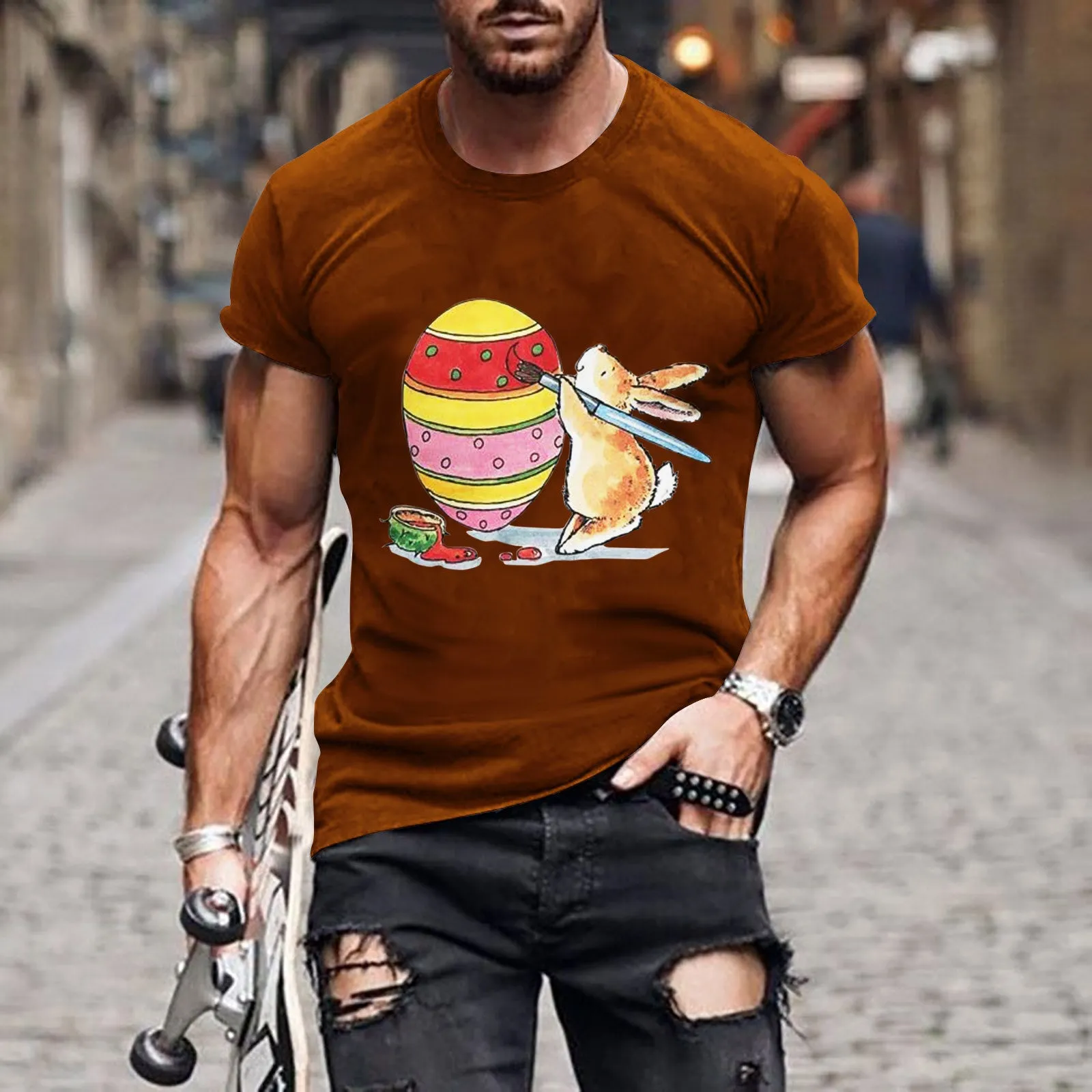 Men's Round Neck Short Sleeve 3D Printed Summer Easter Loose T-shirt