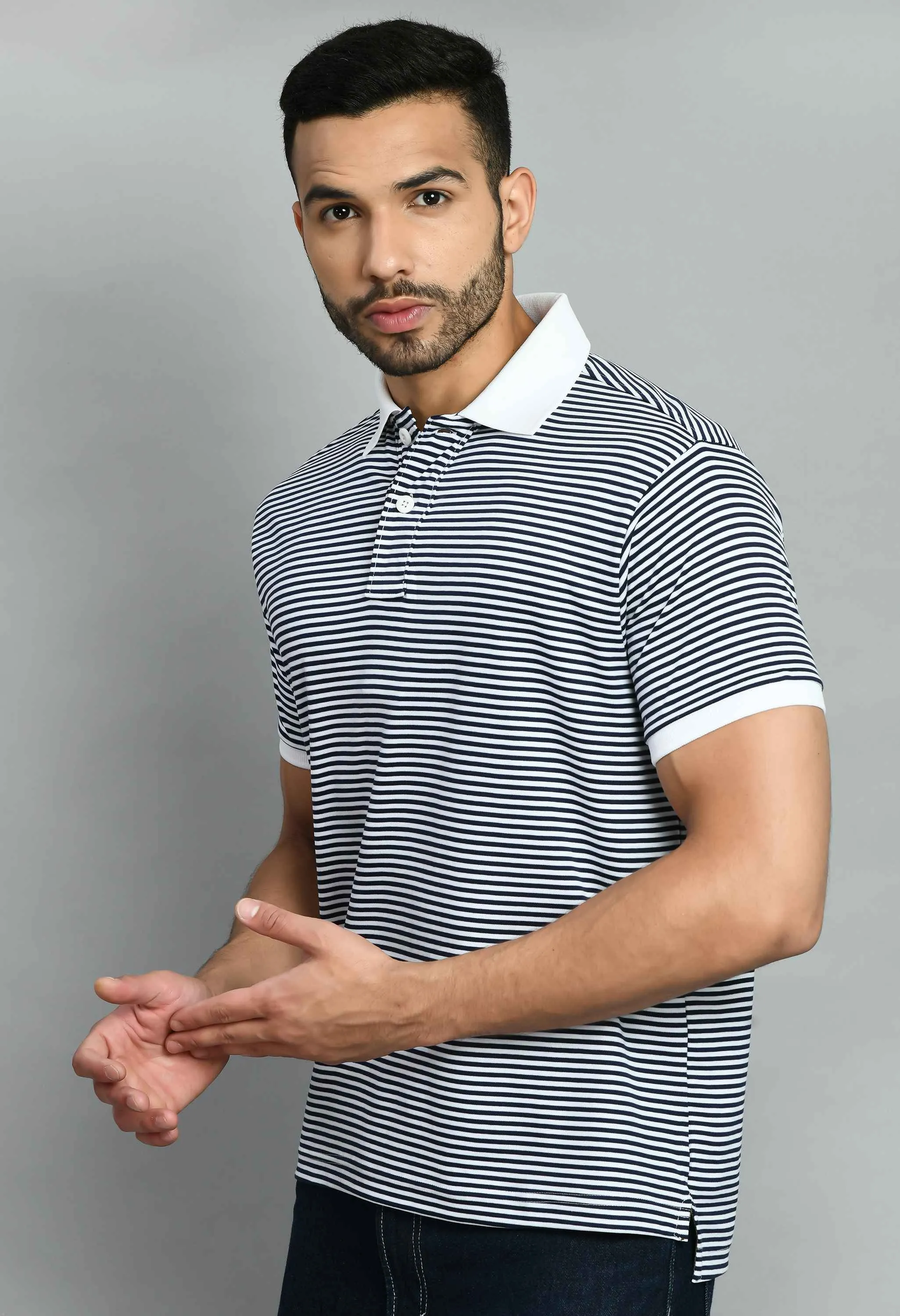 Men's Striped White Navy Smart Fit Polo Tees