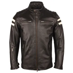 Men's Stylish Cafe Racer White Stripped Black Genuine Leather Jacket