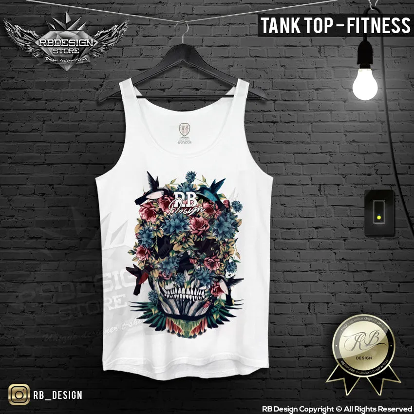 Mens T-shirt Floral Flowers Skull Deep v Neck Tank Top Birds RB Design MD480