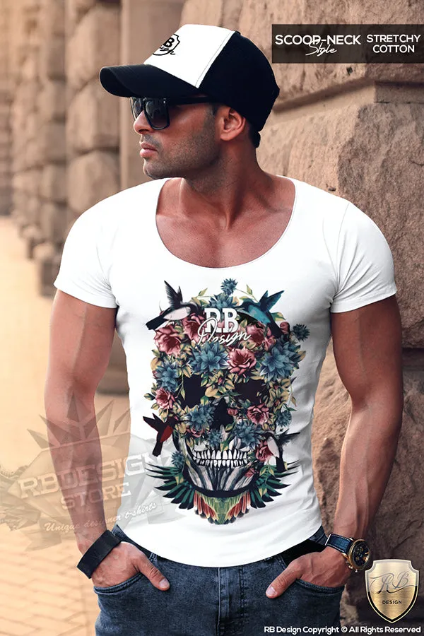 Mens T-shirt Floral Flowers Skull Deep v Neck Tank Top Birds RB Design MD480