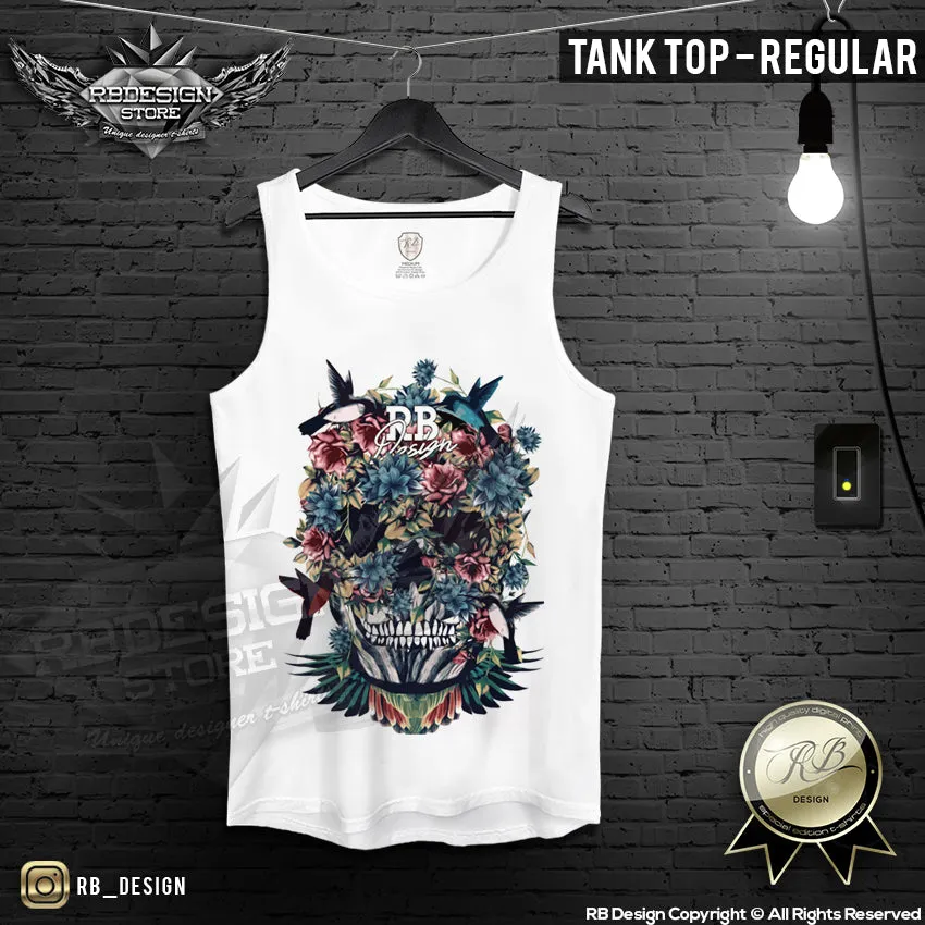 Mens T-shirt Floral Flowers Skull Deep v Neck Tank Top Birds RB Design MD480