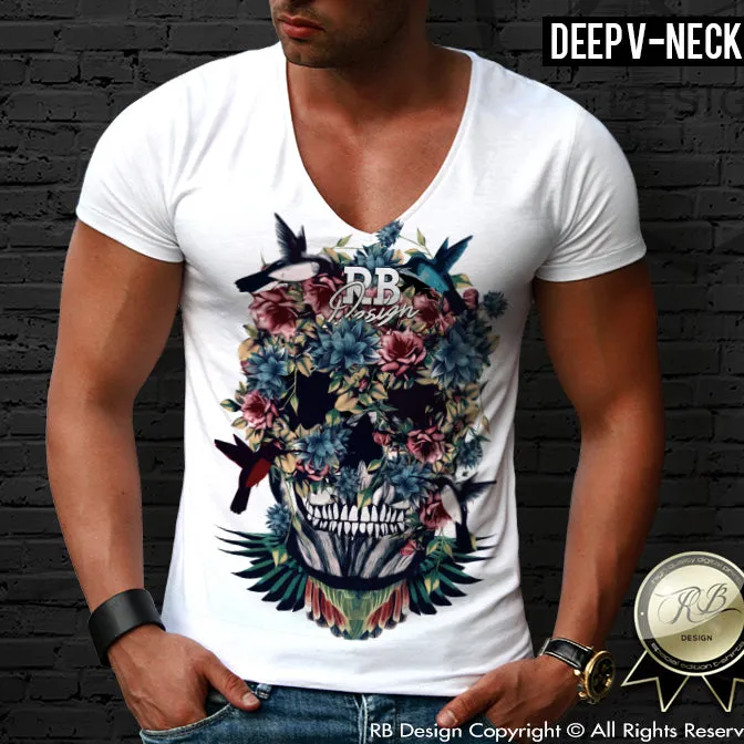 Mens T-shirt Floral Flowers Skull Deep v Neck Tank Top Birds RB Design MD480