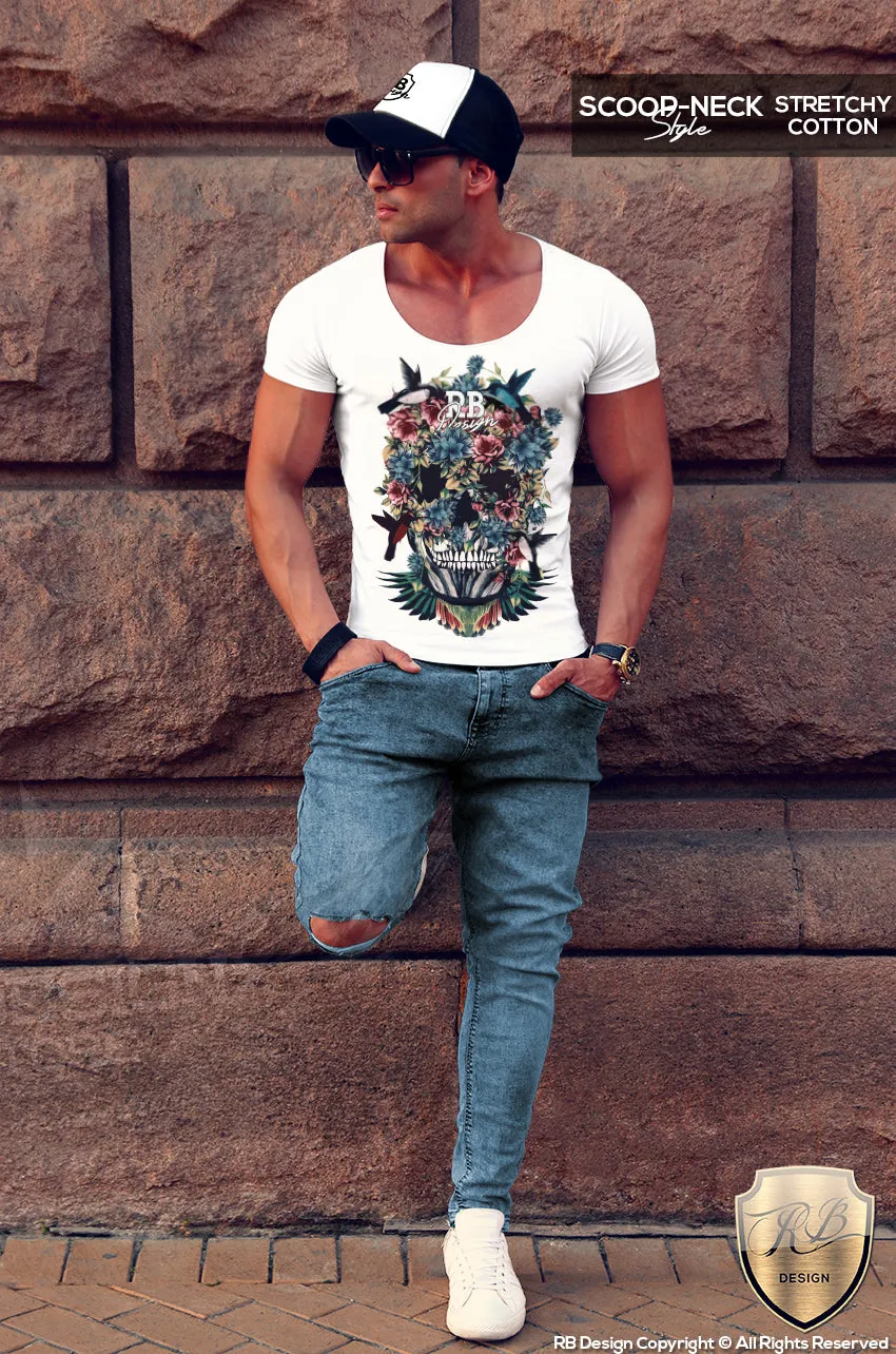 Mens T-shirt Floral Flowers Skull Deep v Neck Tank Top Birds RB Design MD480