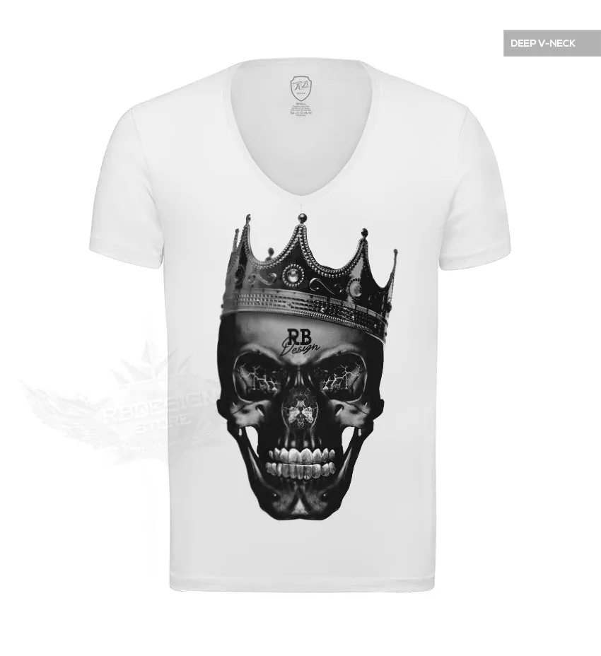 Mens White T-shirt Creepy Black Skull The Last King Top MD458