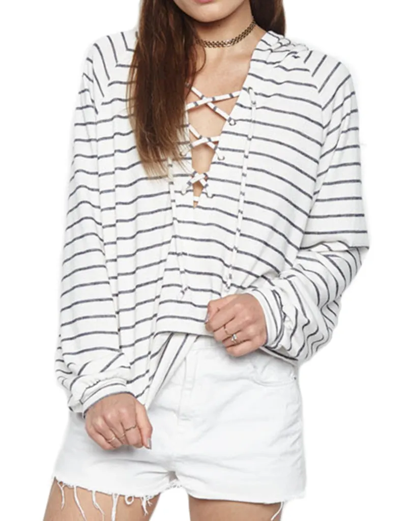 Michael Lauren Raiden Mid-Length Lace Up Hoodie in Creme Navy