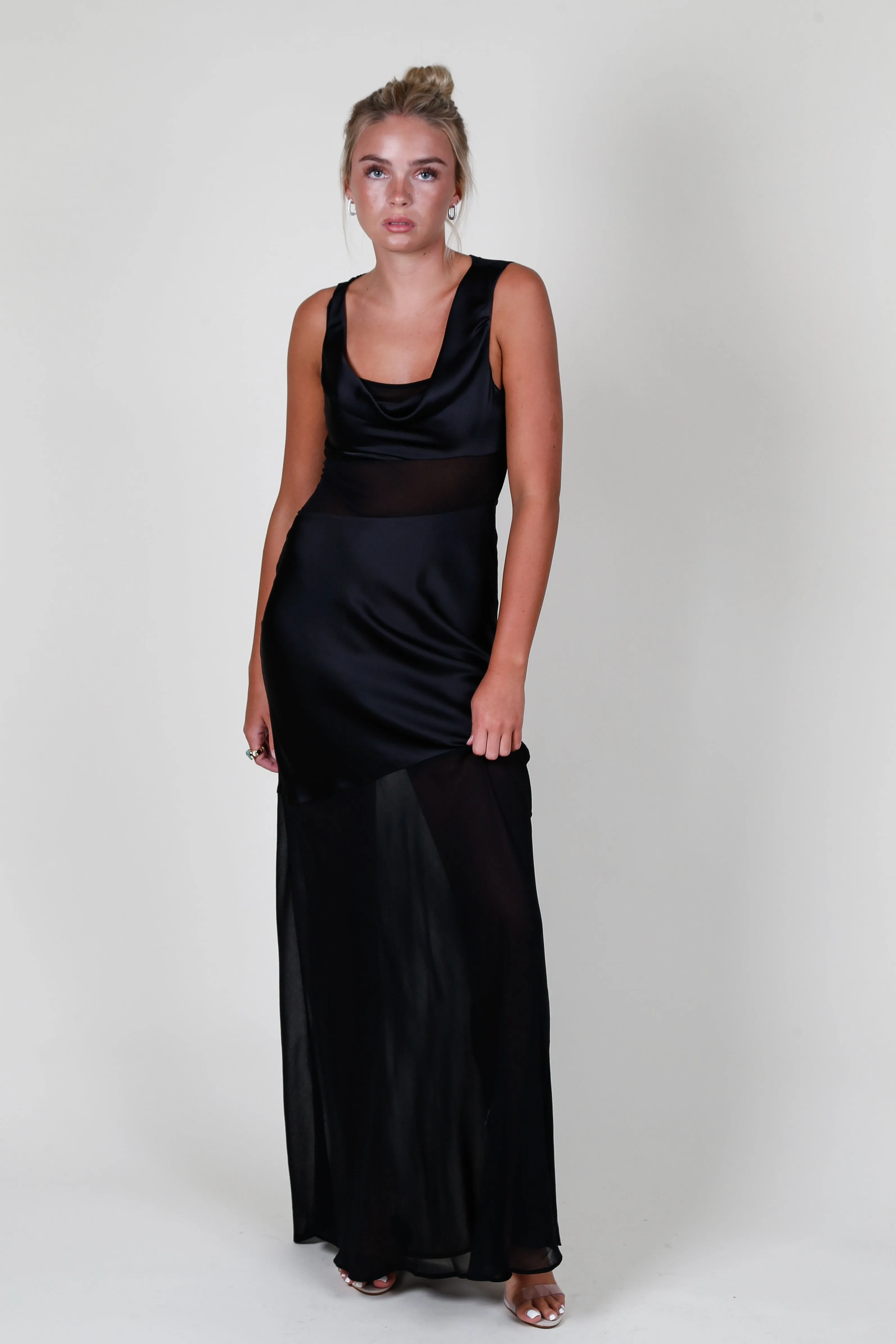 MISHA | Idalia Satin & Georgette Maxi Dress - Black